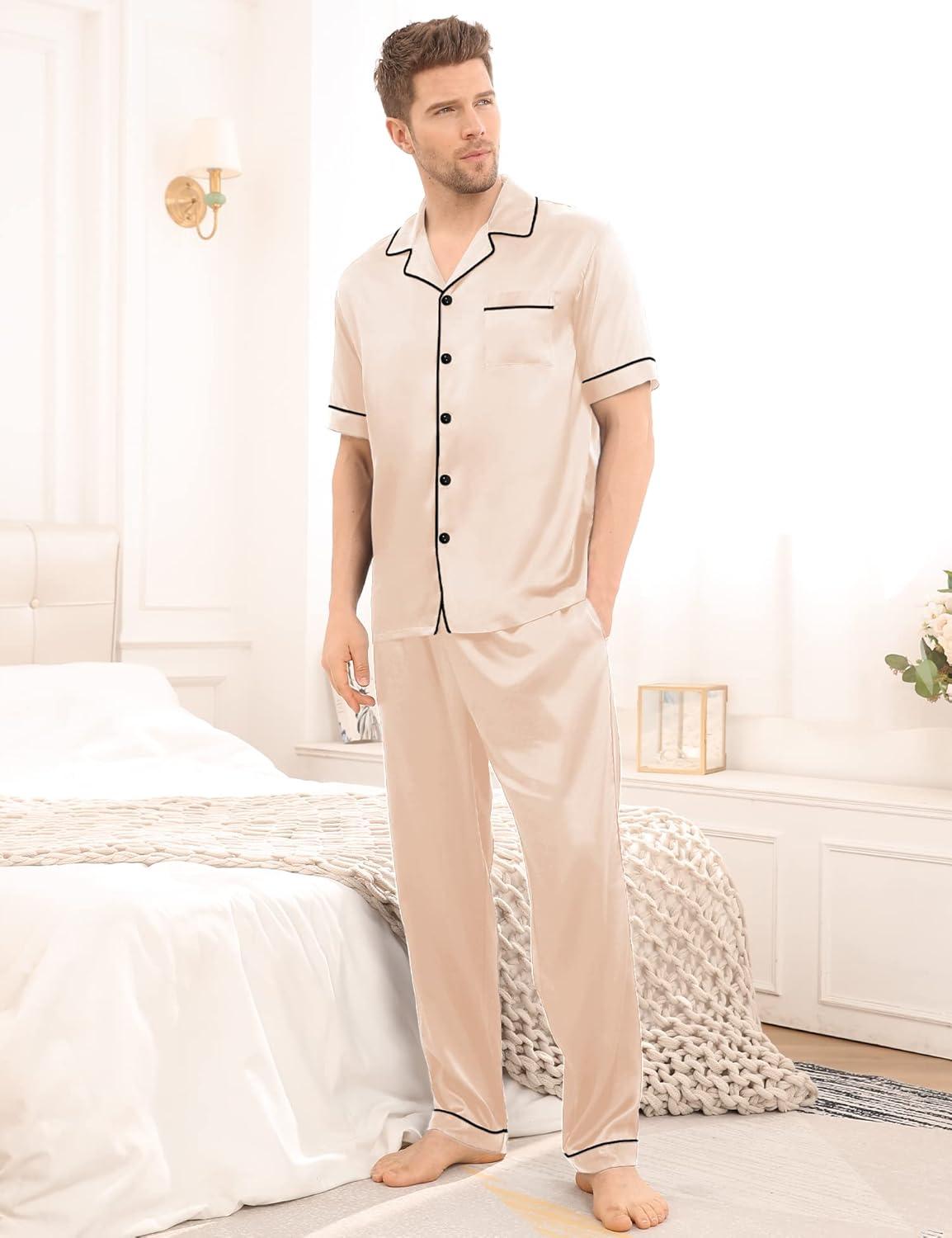 imageSWOMOG Mens Satin Pajama Set Short Sleeve Classic Sleepwear Button Down Silky Loungewear with Long PantsChampagne