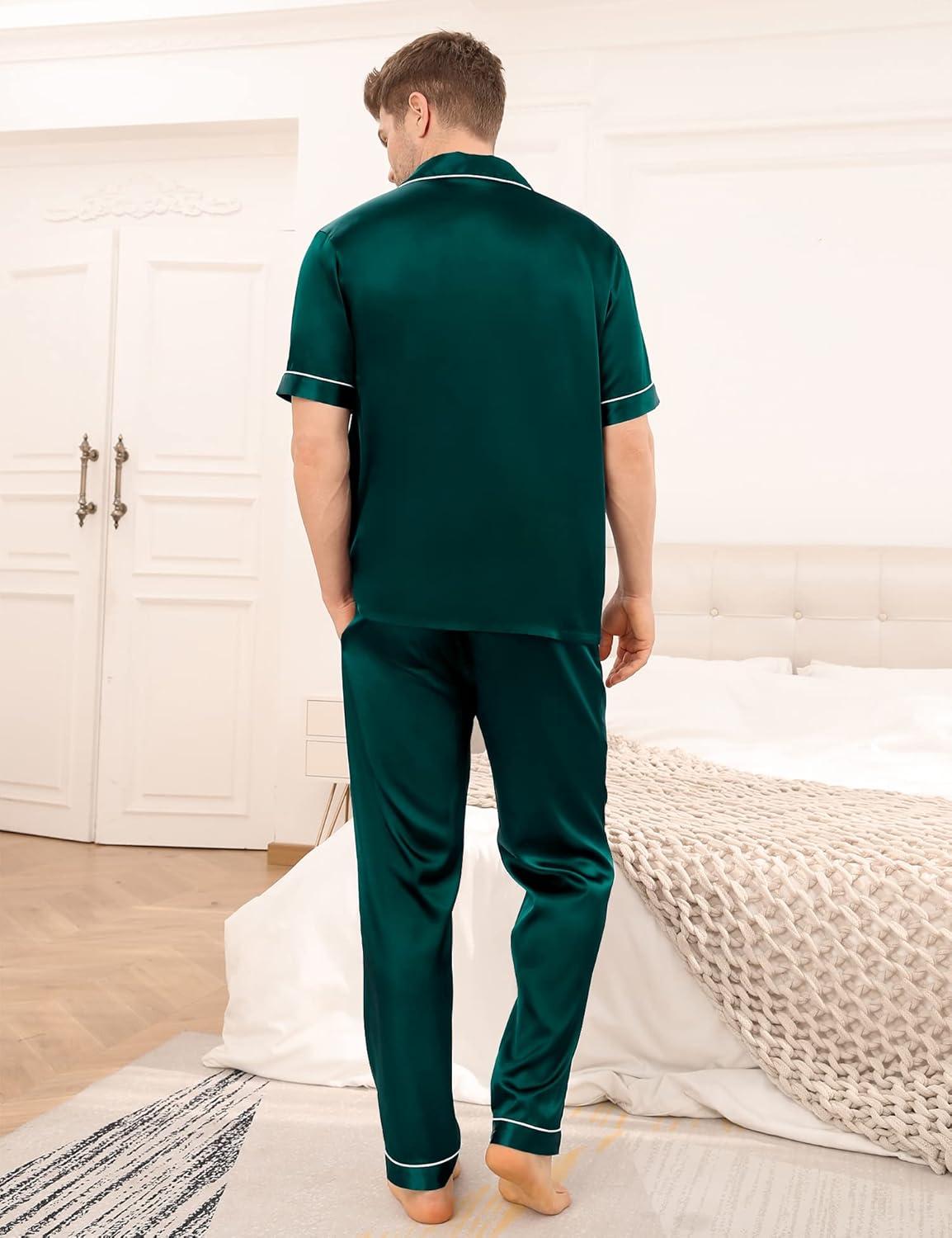imageSWOMOG Mens Satin Pajama Set Short Sleeve Classic Sleepwear Button Down Silky Loungewear with Long PantsDark Forest Green