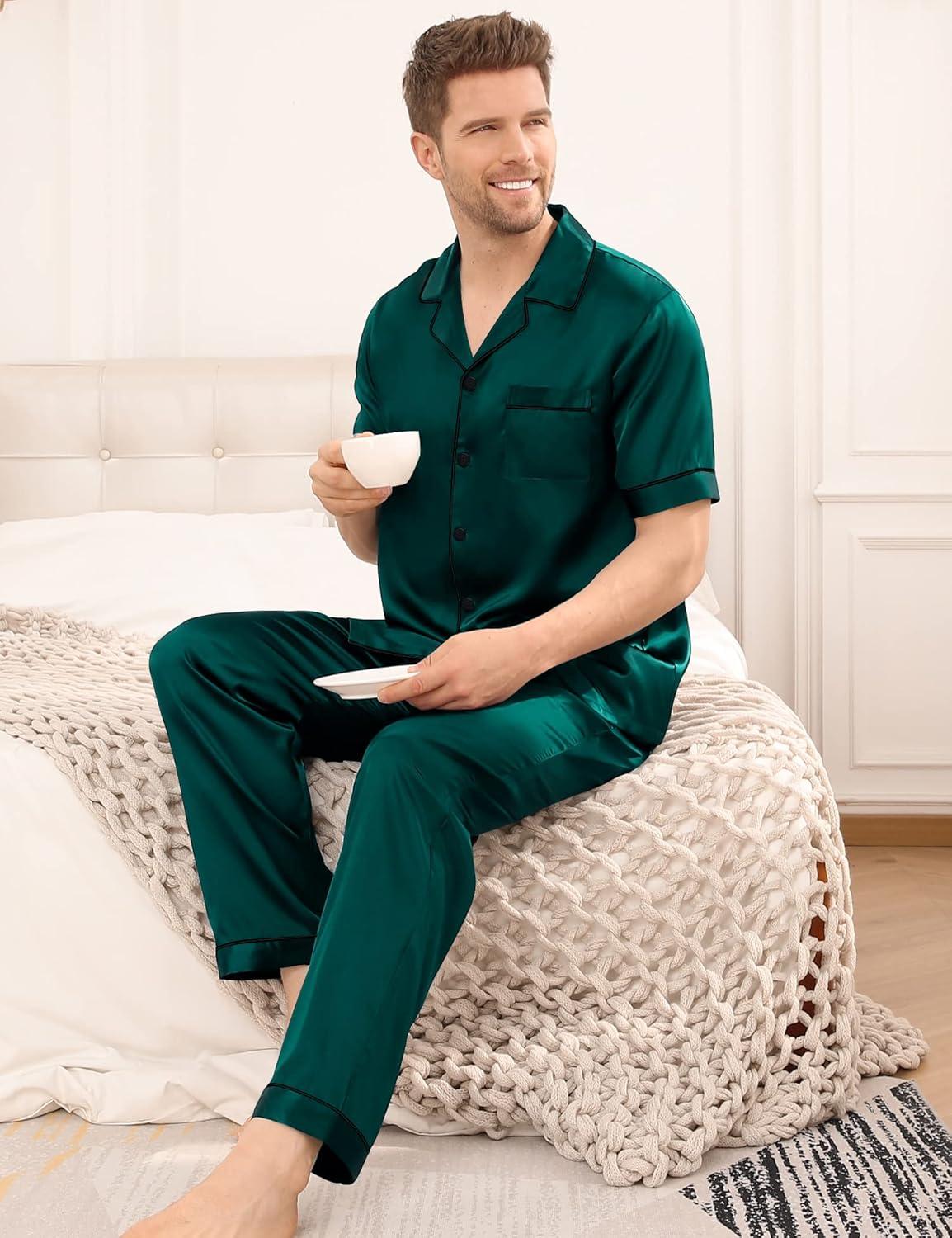 imageSWOMOG Mens Satin Pajama Set Short Sleeve Classic Sleepwear Button Down Silky Loungewear with Long PantsDeep Green