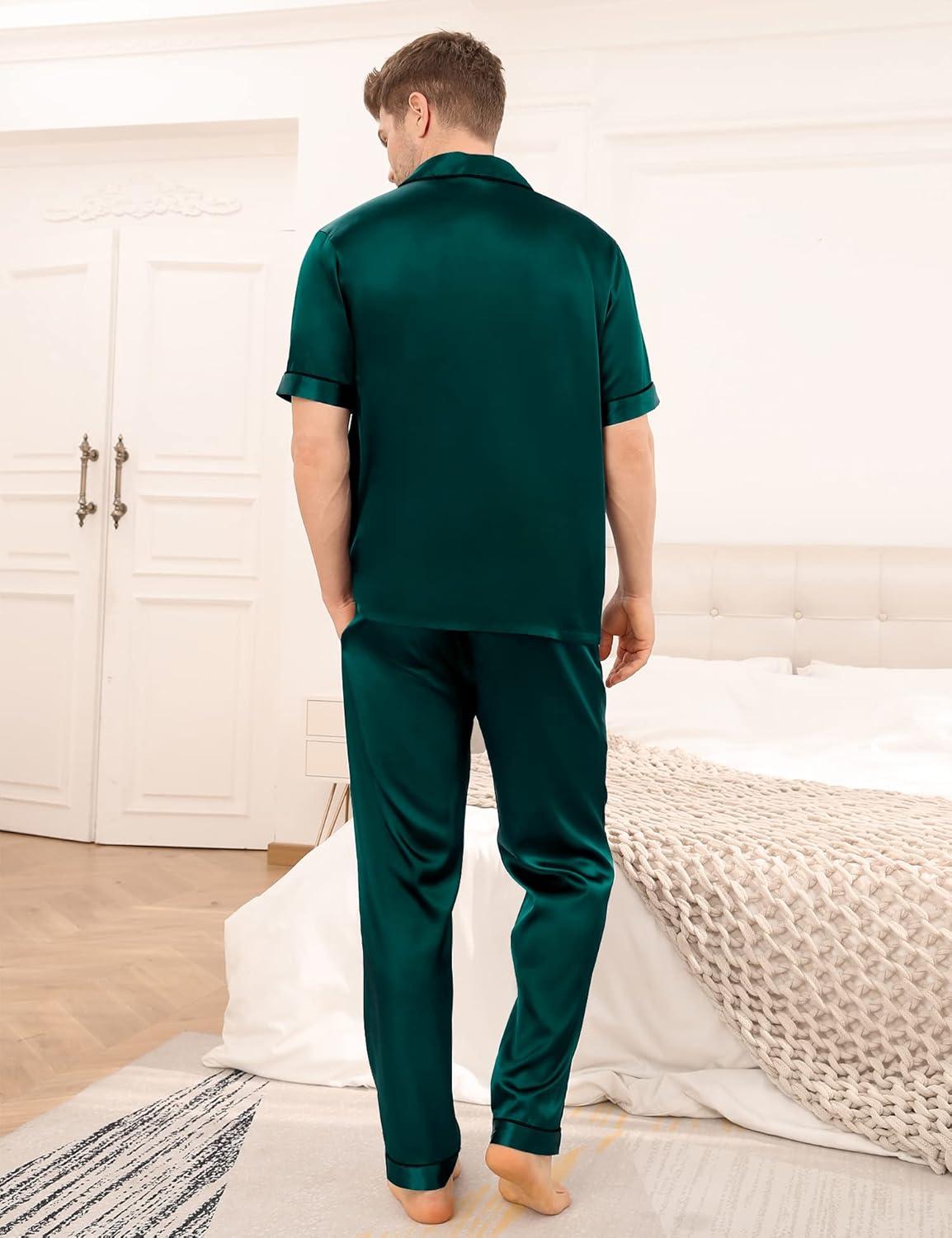 imageSWOMOG Mens Satin Pajama Set Short Sleeve Classic Sleepwear Button Down Silky Loungewear with Long PantsDeep Green