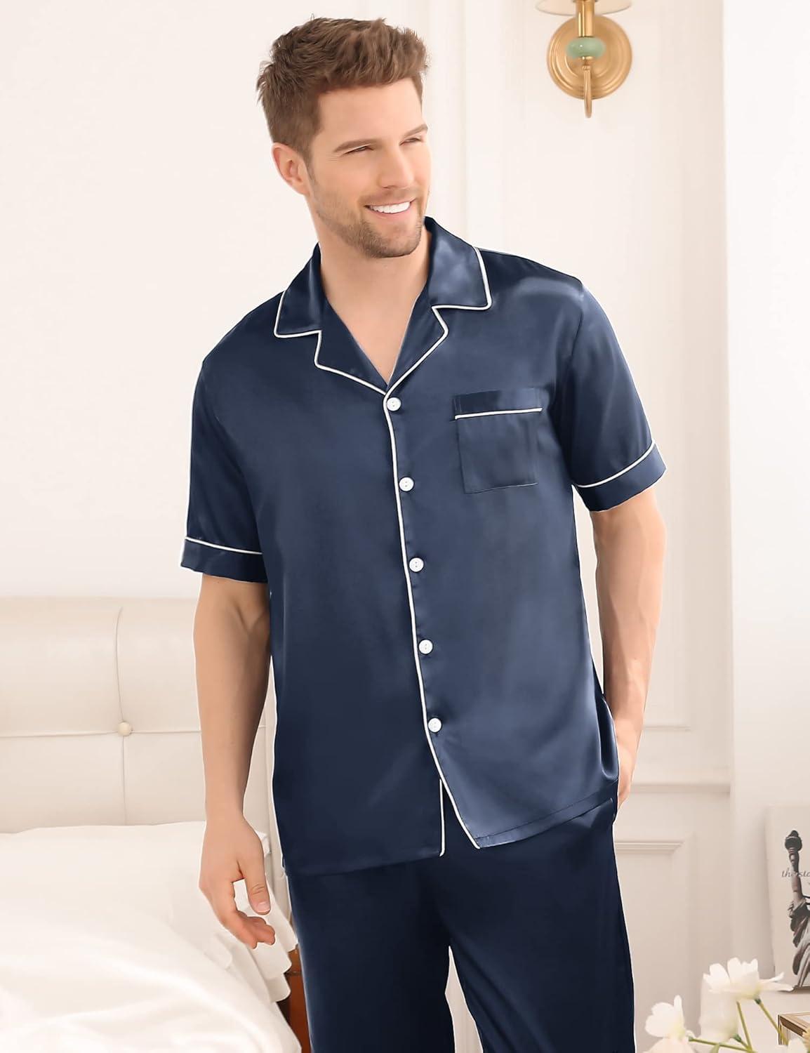imageSWOMOG Mens Satin Pajama Set Short Sleeve Classic Sleepwear Button Down Silky Loungewear with Long PantsDeep Grey