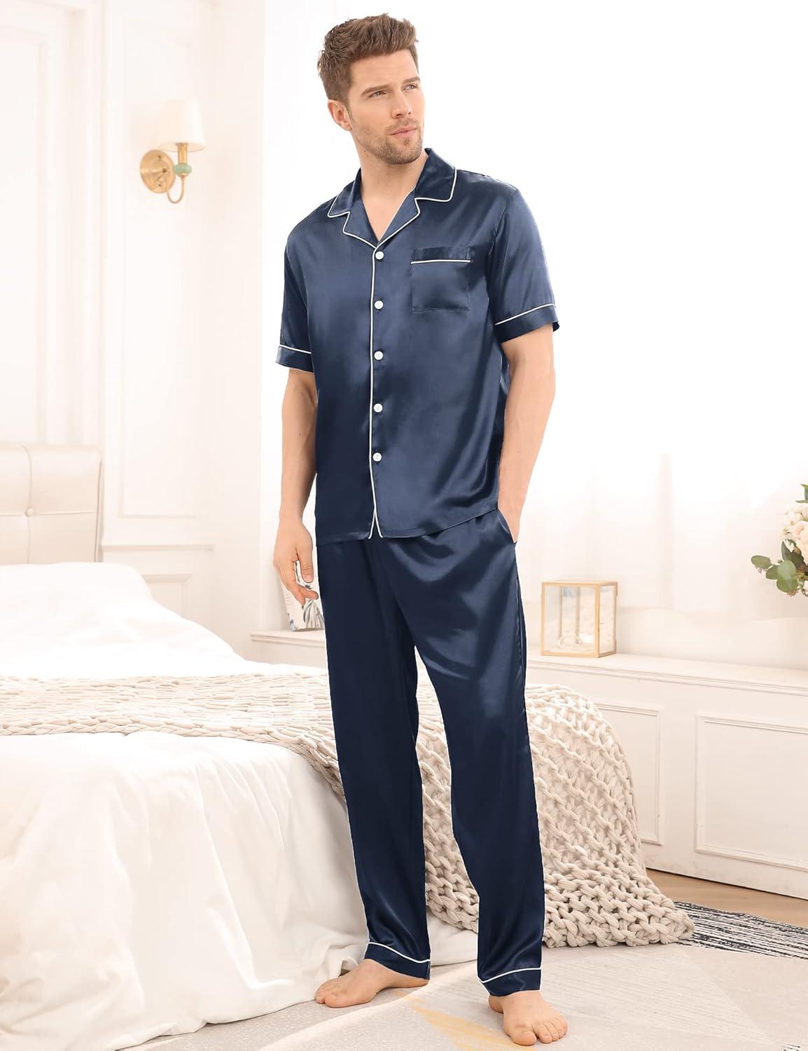 imageSWOMOG Mens Satin Pajama Set Short Sleeve Classic Sleepwear Button Down Silky Loungewear with Long PantsDeep Grey