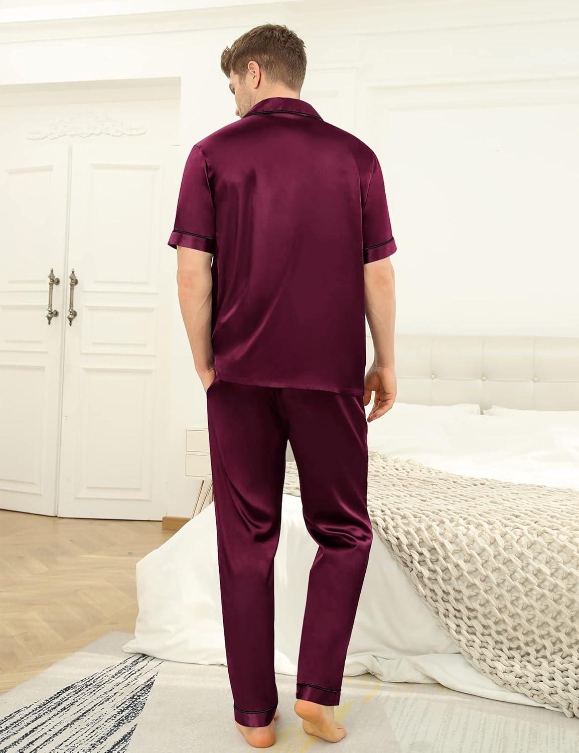 imageSWOMOG Mens Satin Pajama Set Short Sleeve Classic Sleepwear Button Down Silky Loungewear with Long PantsDeep Wine Red