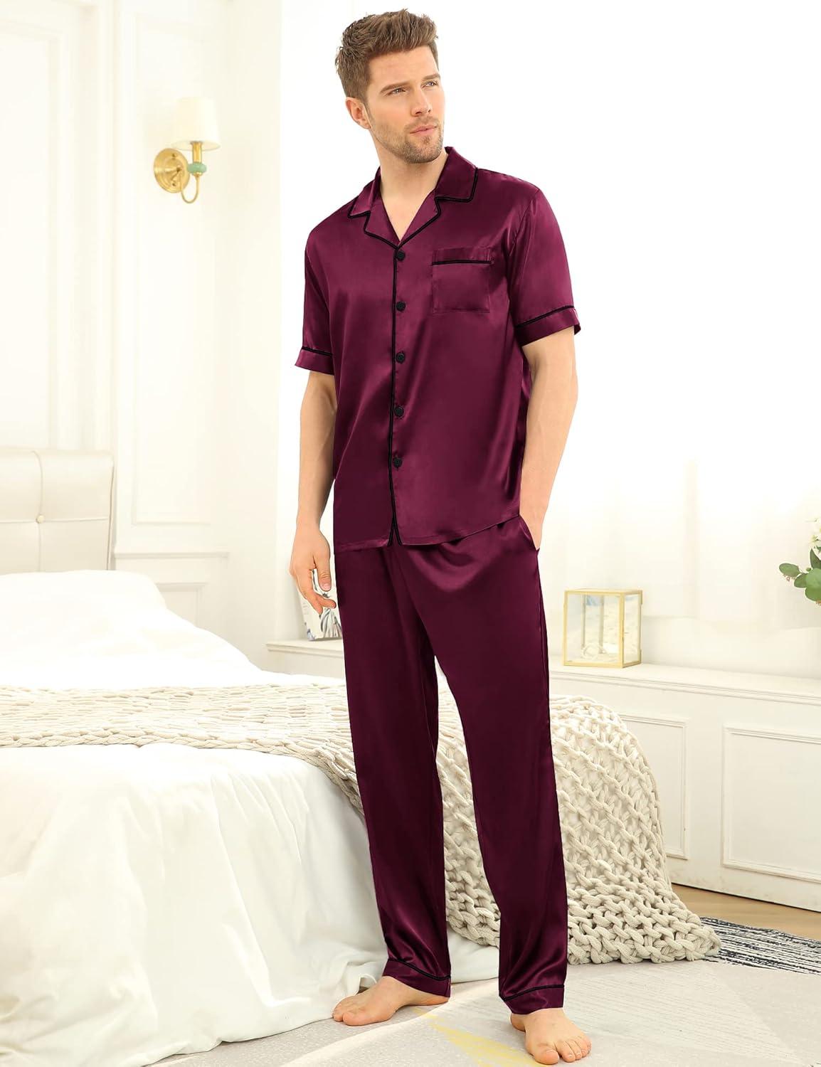 imageSWOMOG Mens Satin Pajama Set Short Sleeve Classic Sleepwear Button Down Silky Loungewear with Long PantsDeep Wine Red