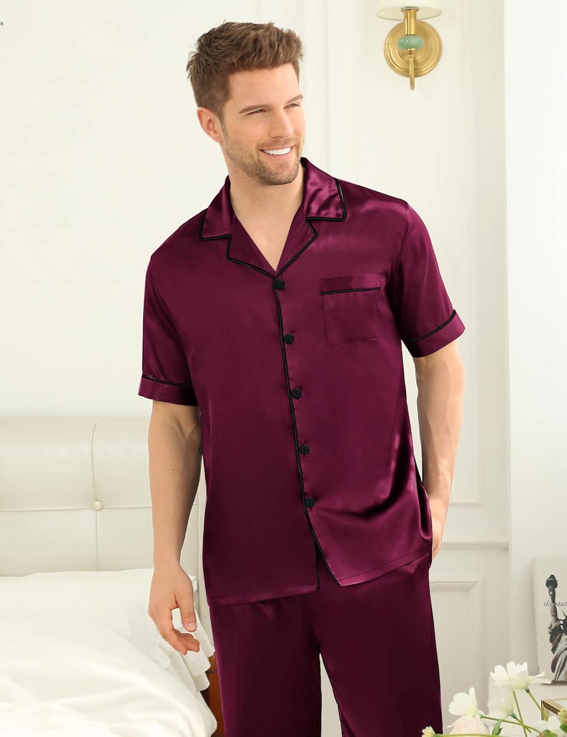 imageSWOMOG Mens Satin Pajama Set Short Sleeve Classic Sleepwear Button Down Silky Loungewear with Long PantsDeep Wine Red