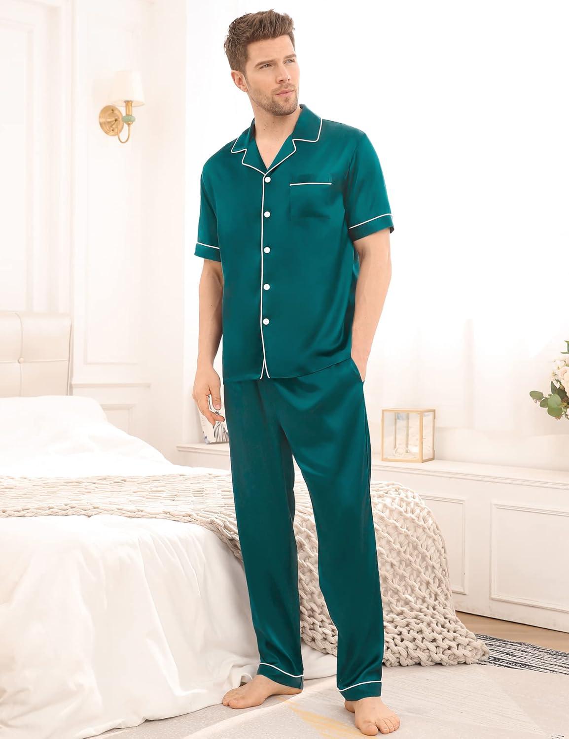 imageSWOMOG Mens Satin Pajama Set Short Sleeve Classic Sleepwear Button Down Silky Loungewear with Long PantsGreen