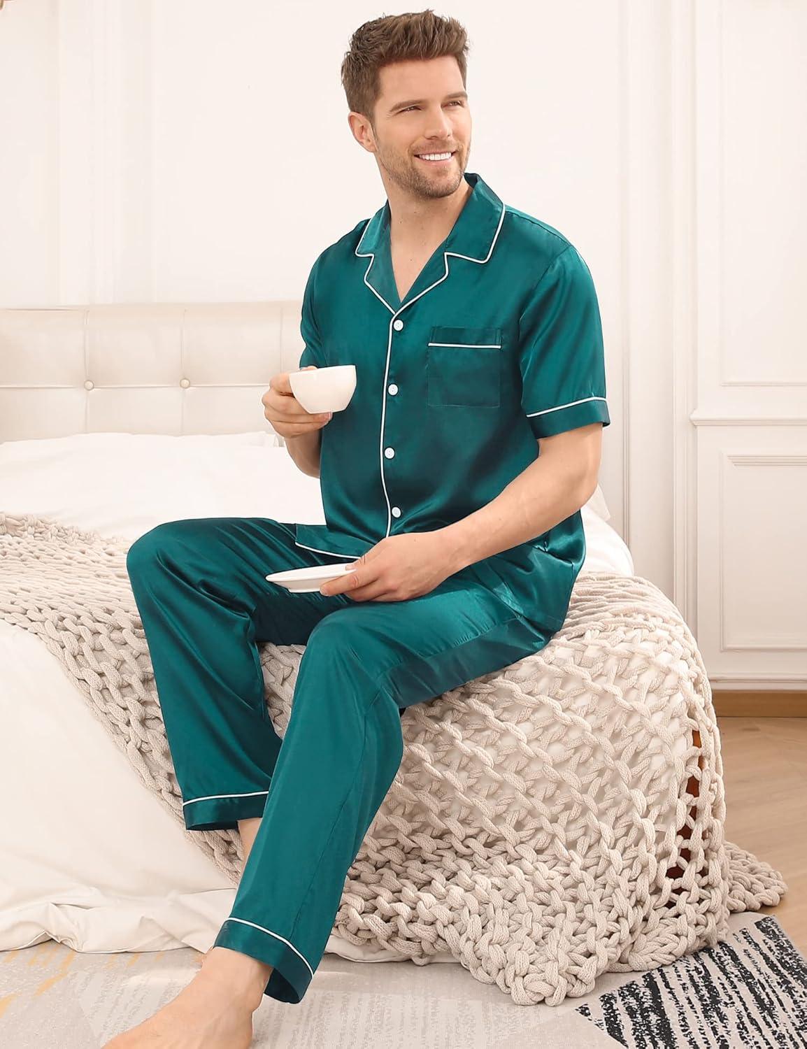 imageSWOMOG Mens Satin Pajama Set Short Sleeve Classic Sleepwear Button Down Silky Loungewear with Long PantsGreen
