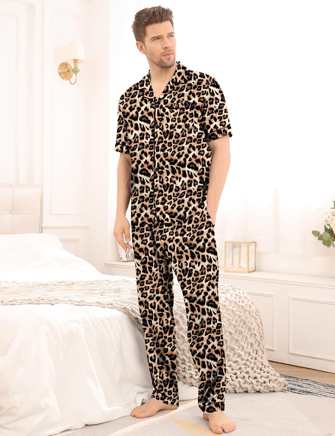 imageSWOMOG Mens Satin Pajama Set Short Sleeve Classic Sleepwear Button Down Silky Loungewear with Long PantsLeopard Print