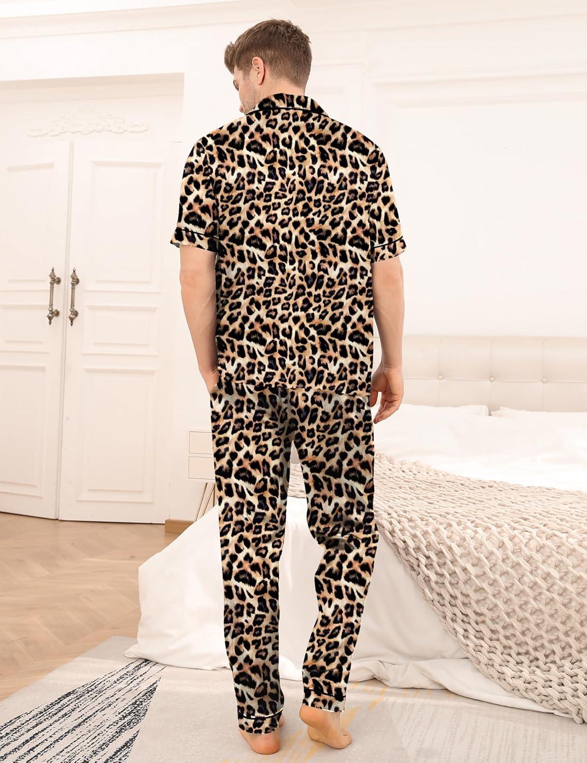 imageSWOMOG Mens Satin Pajama Set Short Sleeve Classic Sleepwear Button Down Silky Loungewear with Long PantsLeopard Print