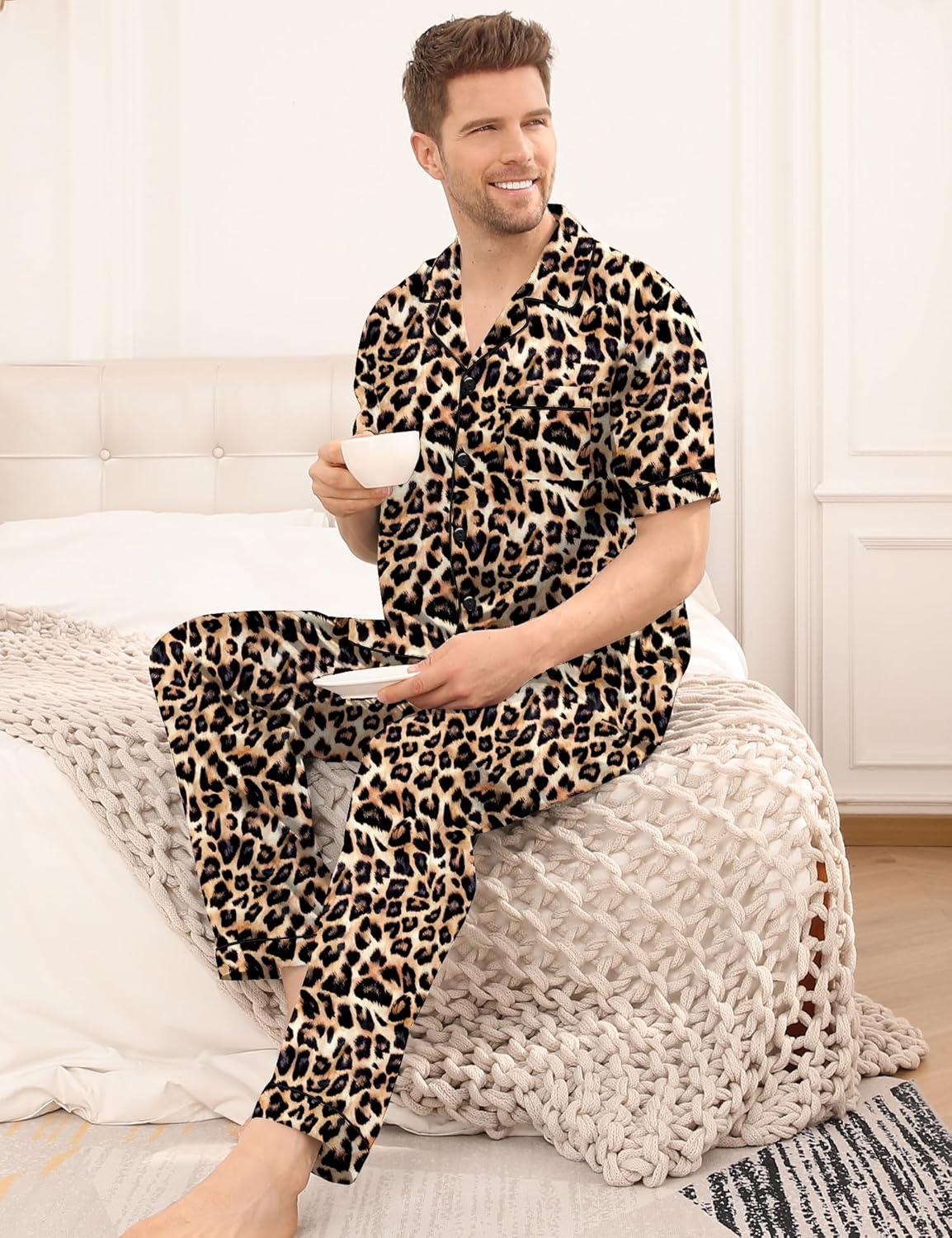 imageSWOMOG Mens Satin Pajama Set Short Sleeve Classic Sleepwear Button Down Silky Loungewear with Long PantsLeopard Print