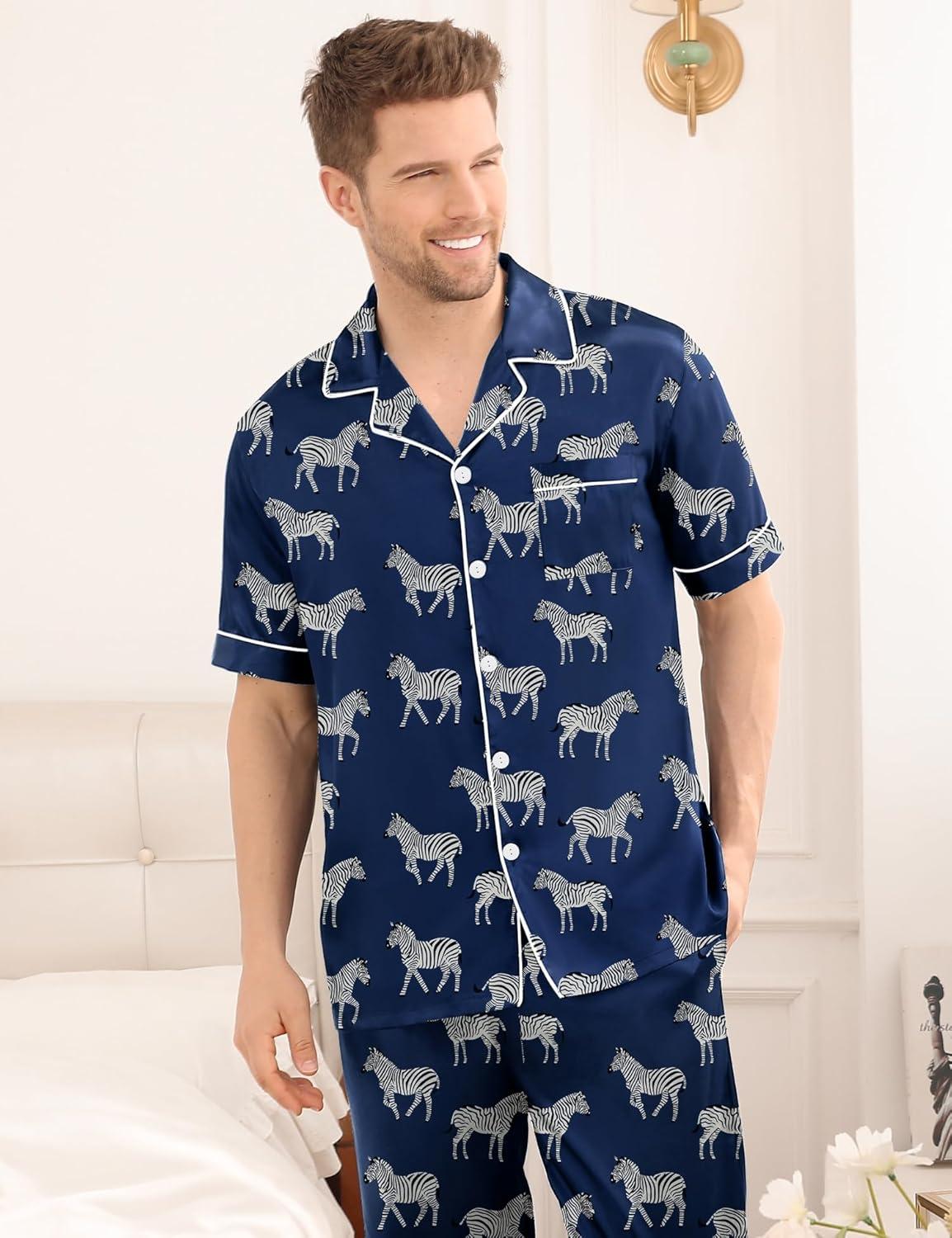 imageSWOMOG Mens Satin Pajama Set Short Sleeve Classic Sleepwear Button Down Silky Loungewear with Long PantsNavy Blue Zebra