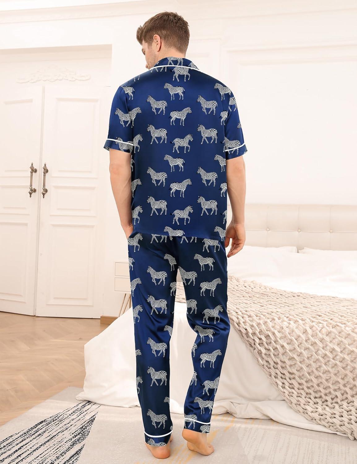 imageSWOMOG Mens Satin Pajama Set Short Sleeve Classic Sleepwear Button Down Silky Loungewear with Long PantsNavy Blue Zebra