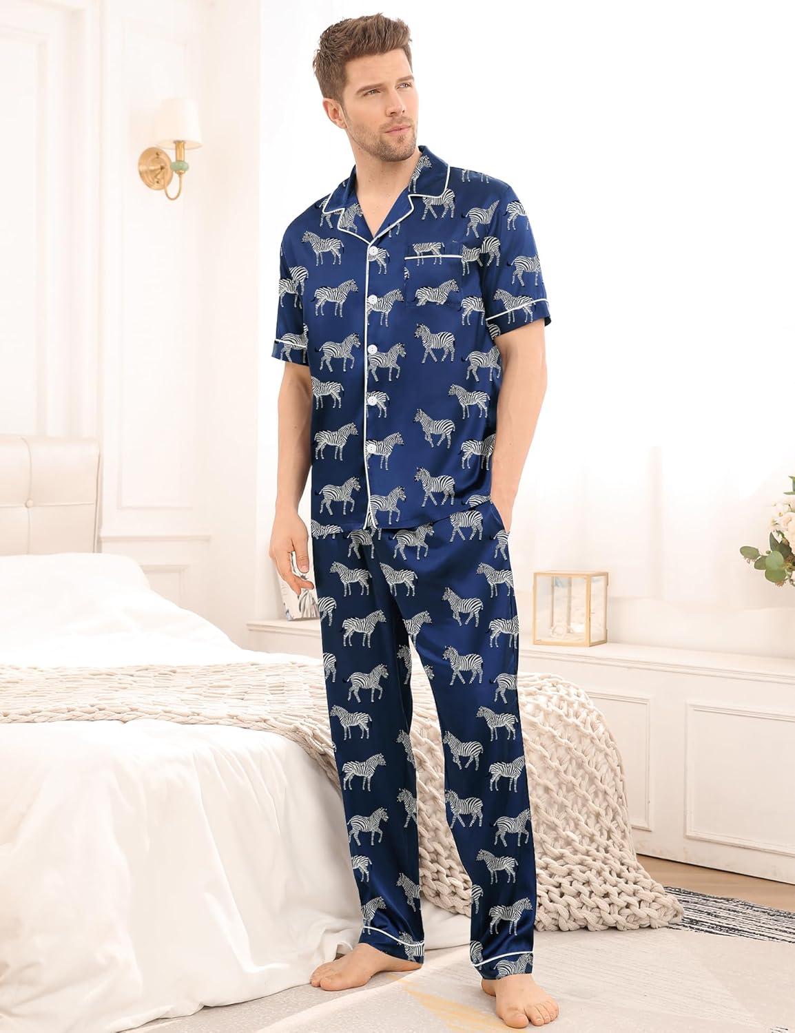 imageSWOMOG Mens Satin Pajama Set Short Sleeve Classic Sleepwear Button Down Silky Loungewear with Long PantsNavy Blue Zebra