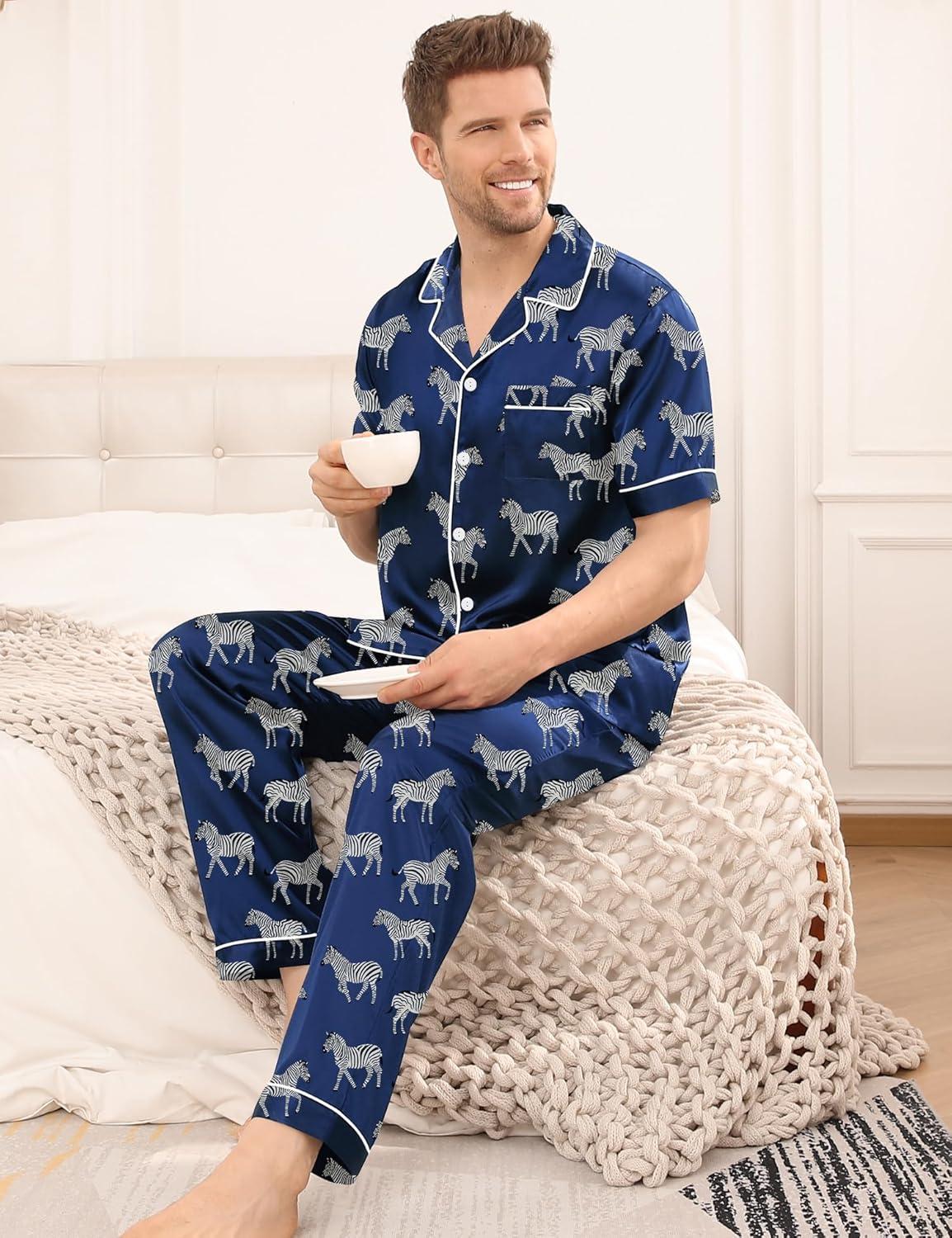imageSWOMOG Mens Satin Pajama Set Short Sleeve Classic Sleepwear Button Down Silky Loungewear with Long PantsNavy Blue Zebra