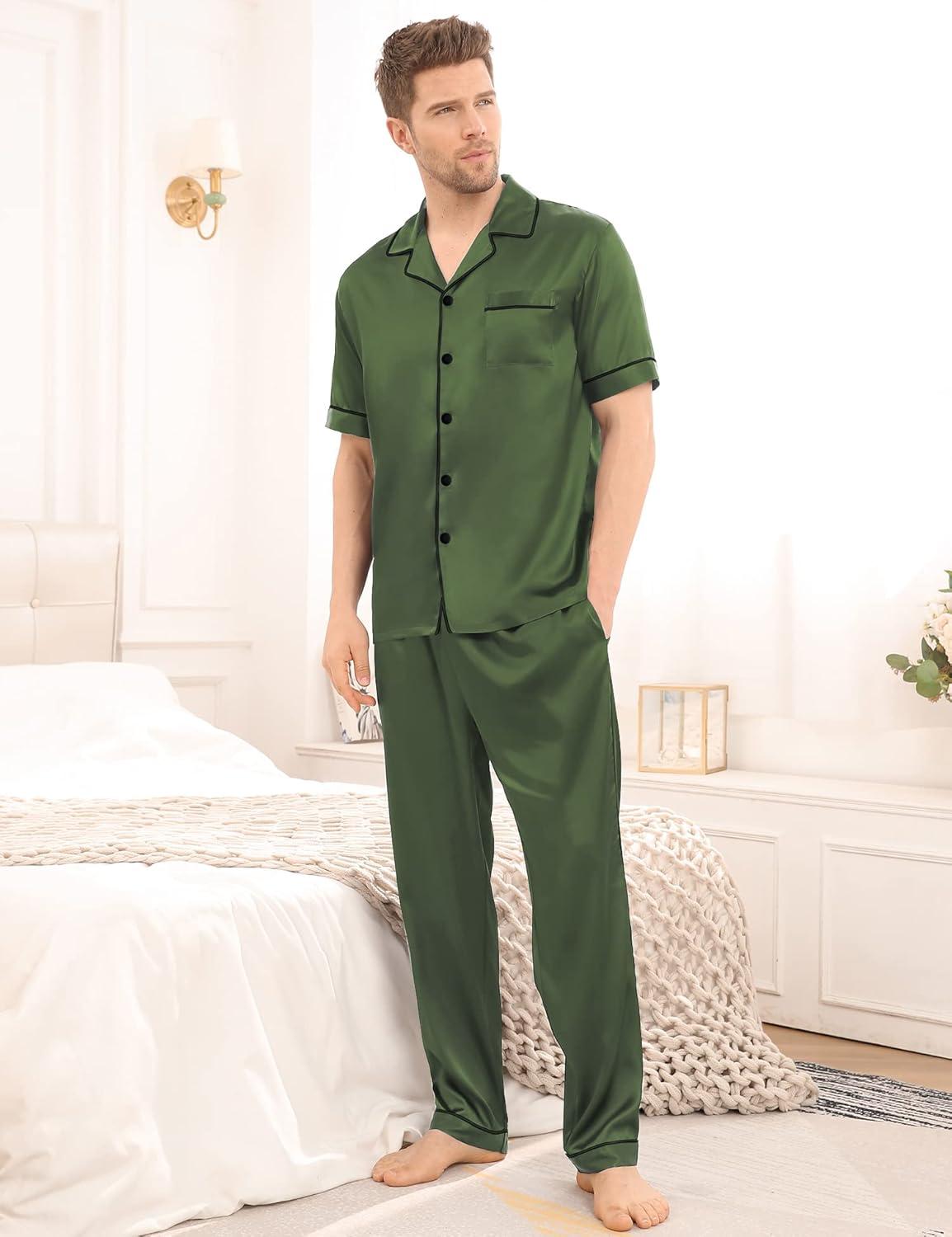 imageSWOMOG Mens Satin Pajama Set Short Sleeve Classic Sleepwear Button Down Silky Loungewear with Long PantsOlive Green