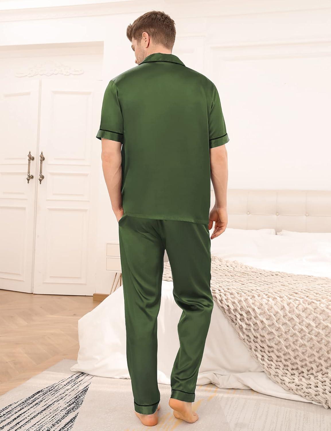 imageSWOMOG Mens Satin Pajama Set Short Sleeve Classic Sleepwear Button Down Silky Loungewear with Long PantsOlive Green