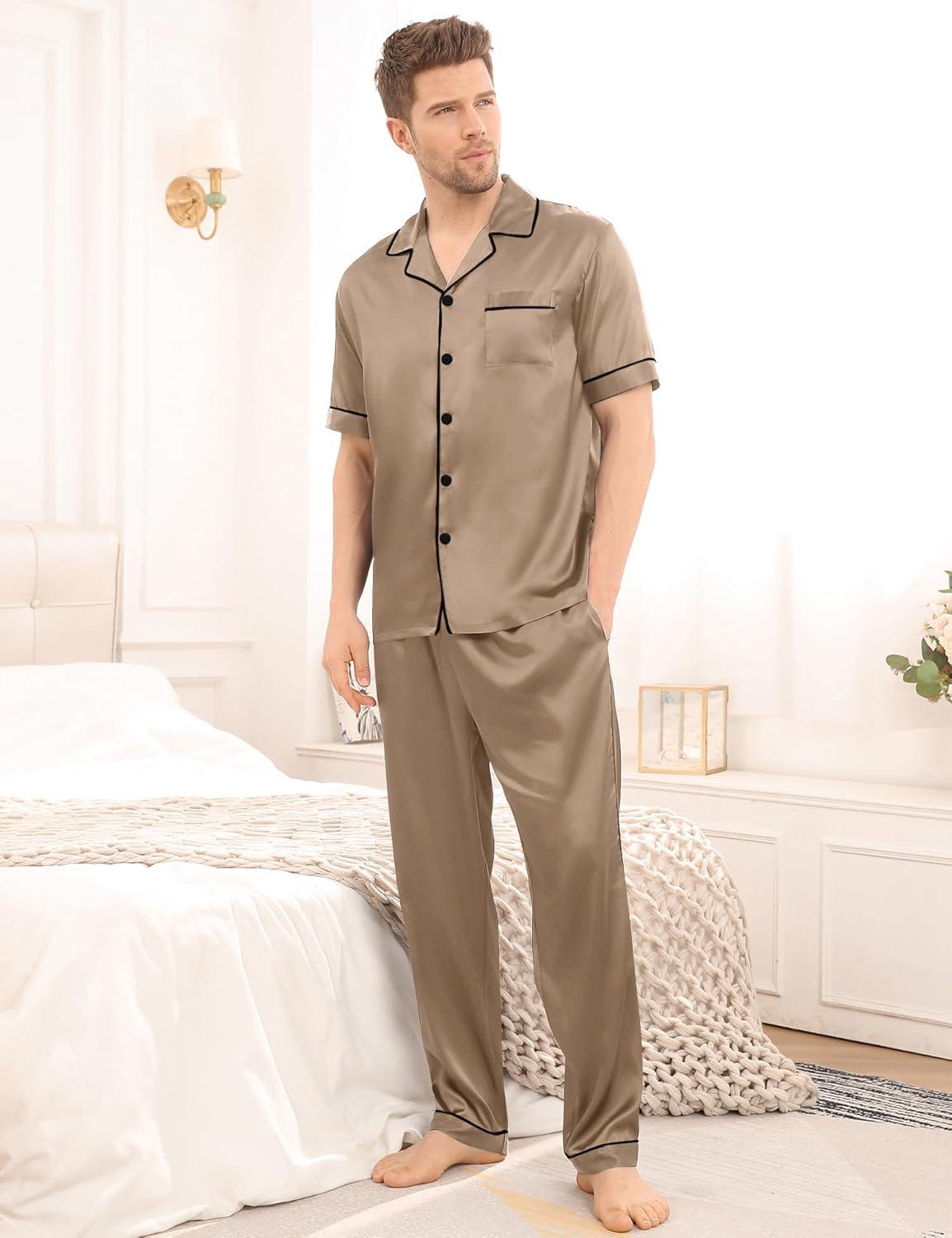 imageSWOMOG Mens Satin Pajama Set Short Sleeve Classic Sleepwear Button Down Silky Loungewear with Long PantsOpaue Couche