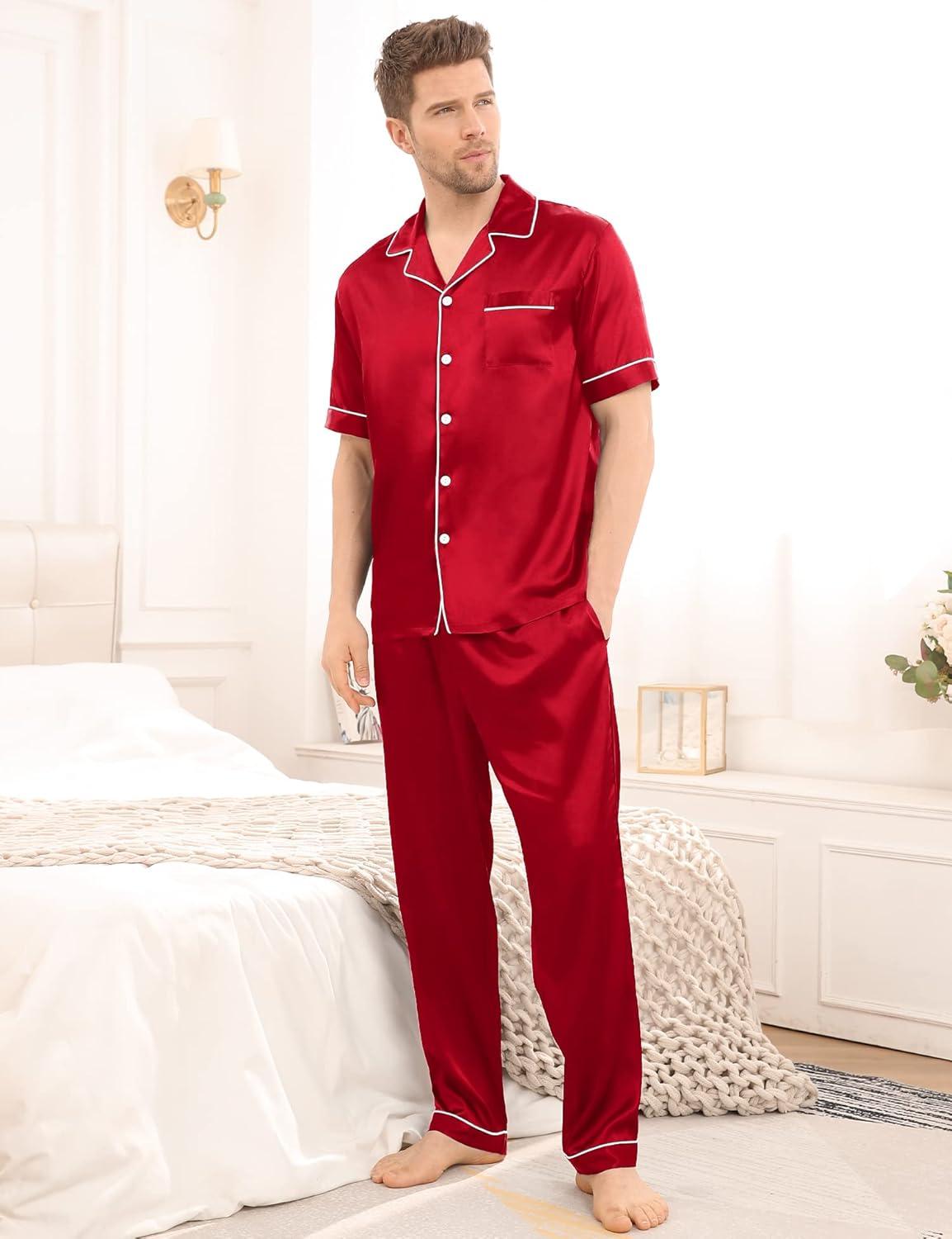 imageSWOMOG Mens Satin Pajama Set Short Sleeve Classic Sleepwear Button Down Silky Loungewear with Long PantsRed