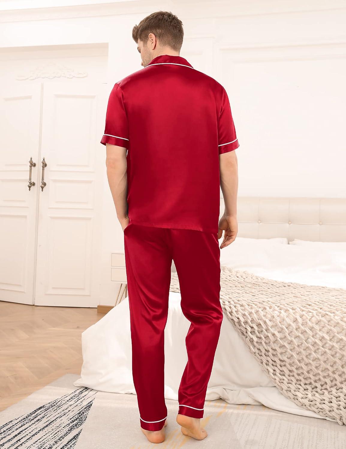 imageSWOMOG Mens Satin Pajama Set Short Sleeve Classic Sleepwear Button Down Silky Loungewear with Long PantsRed