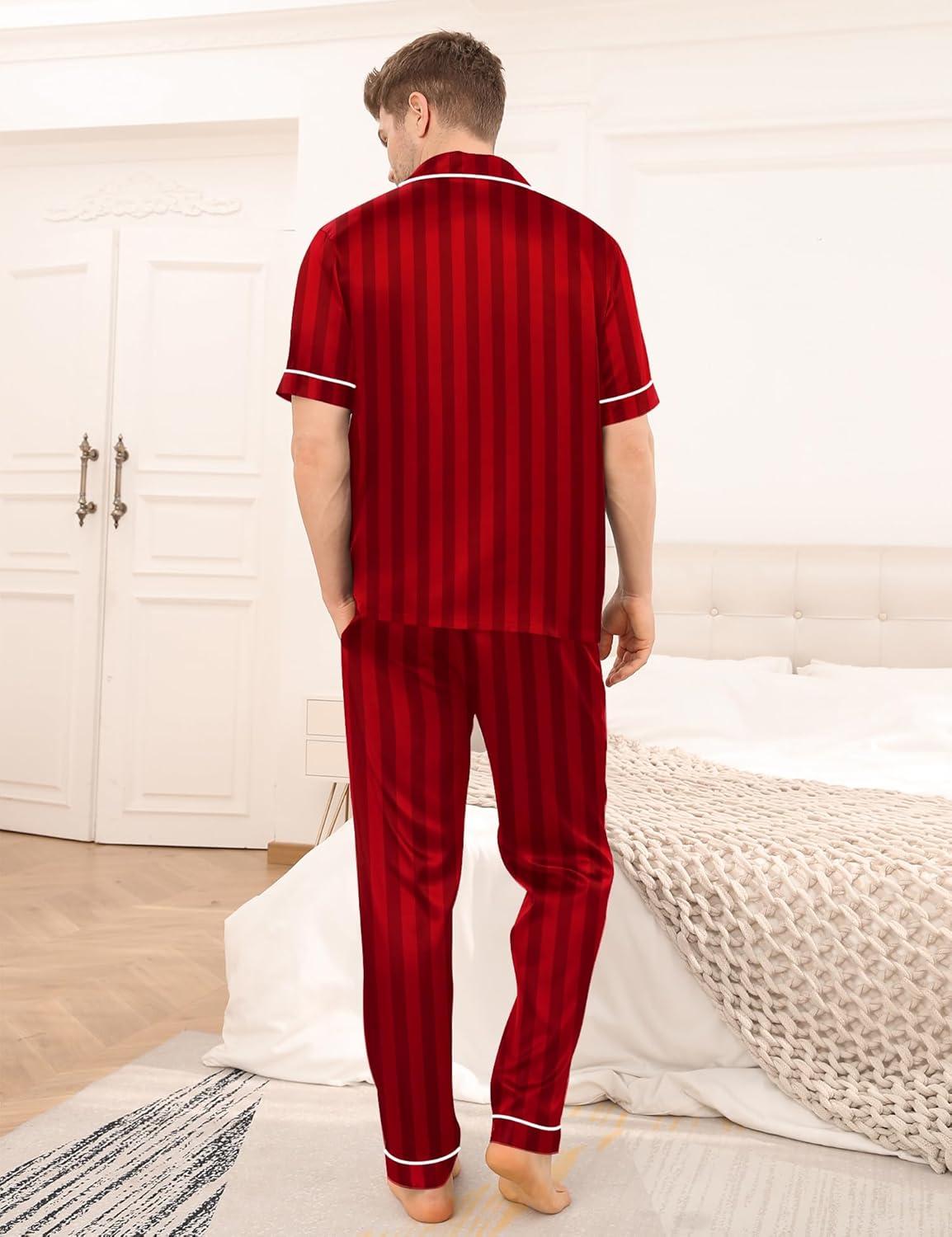 imageSWOMOG Mens Satin Pajama Set Short Sleeve Classic Sleepwear Button Down Silky Loungewear with Long PantsRed Stripes