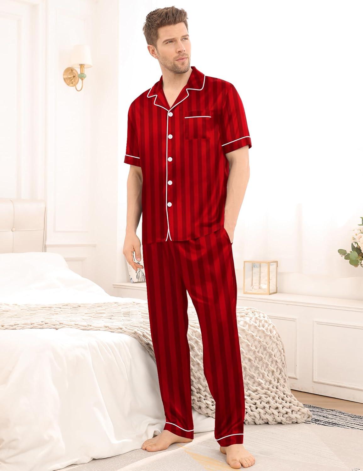 imageSWOMOG Mens Satin Pajama Set Short Sleeve Classic Sleepwear Button Down Silky Loungewear with Long PantsRed Stripes