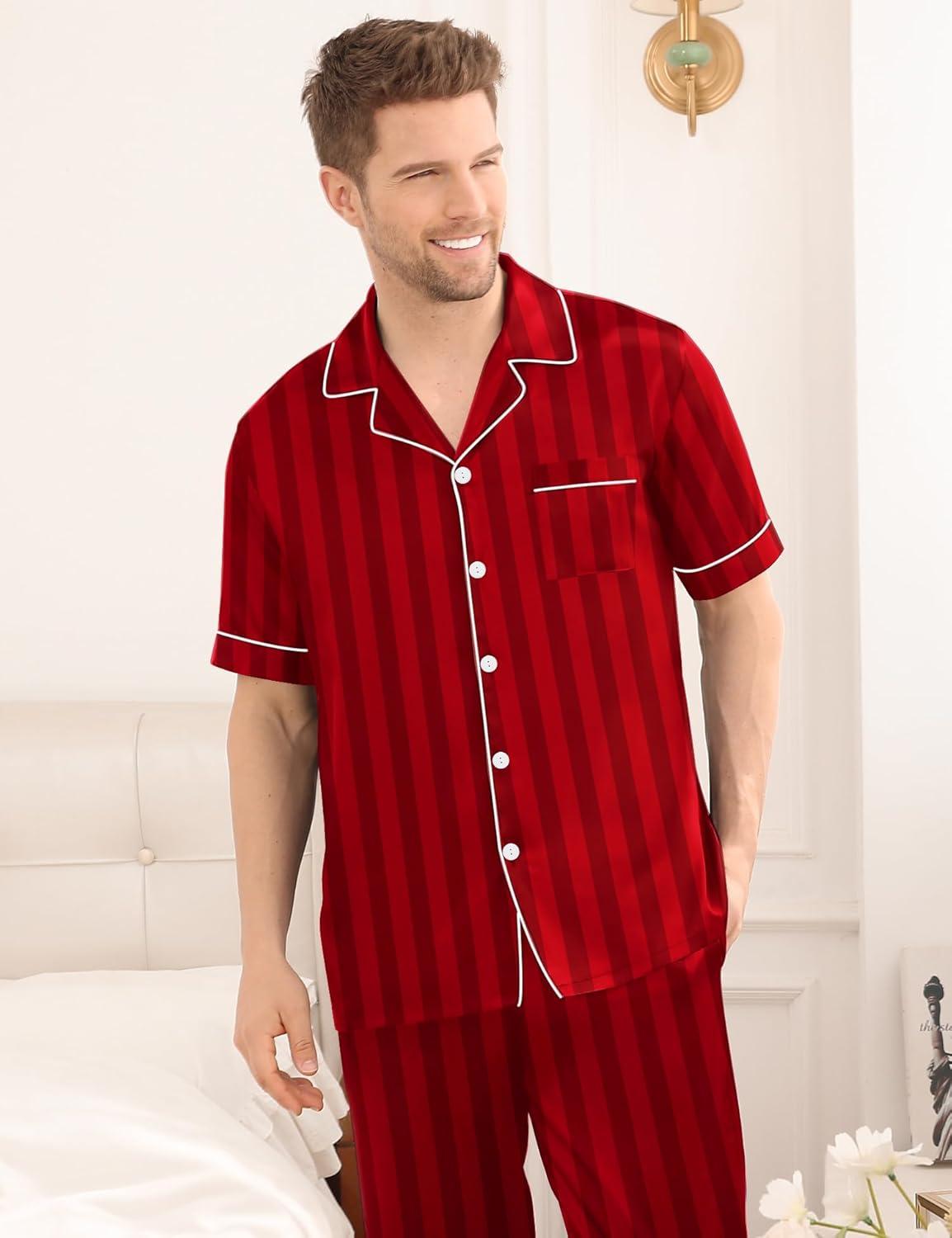 imageSWOMOG Mens Satin Pajama Set Short Sleeve Classic Sleepwear Button Down Silky Loungewear with Long PantsRed Stripes