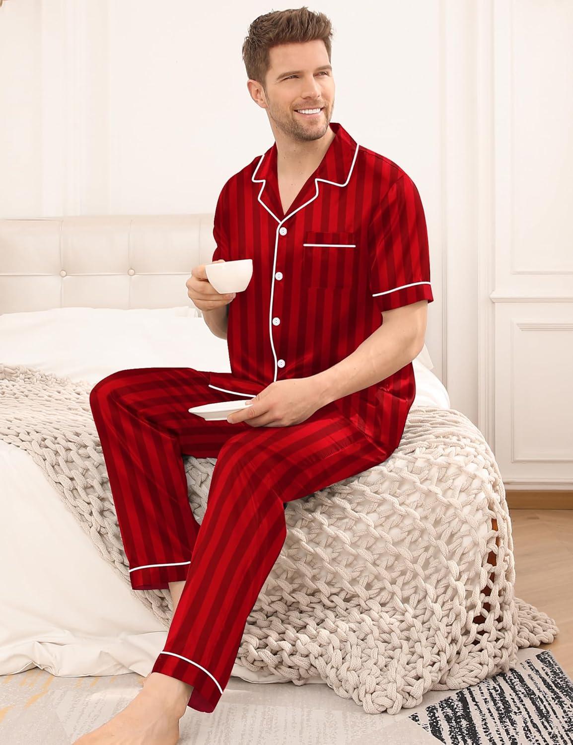 imageSWOMOG Mens Satin Pajama Set Short Sleeve Classic Sleepwear Button Down Silky Loungewear with Long PantsRed Stripes