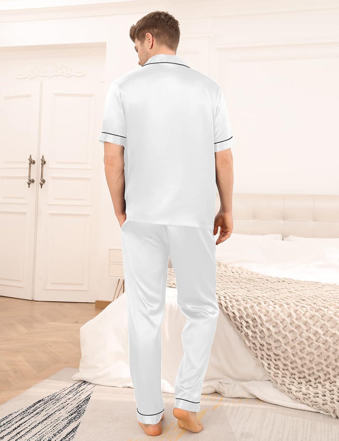 imageSWOMOG Mens Satin Pajama Set Short Sleeve Classic Sleepwear Button Down Silky Loungewear with Long PantsWhite