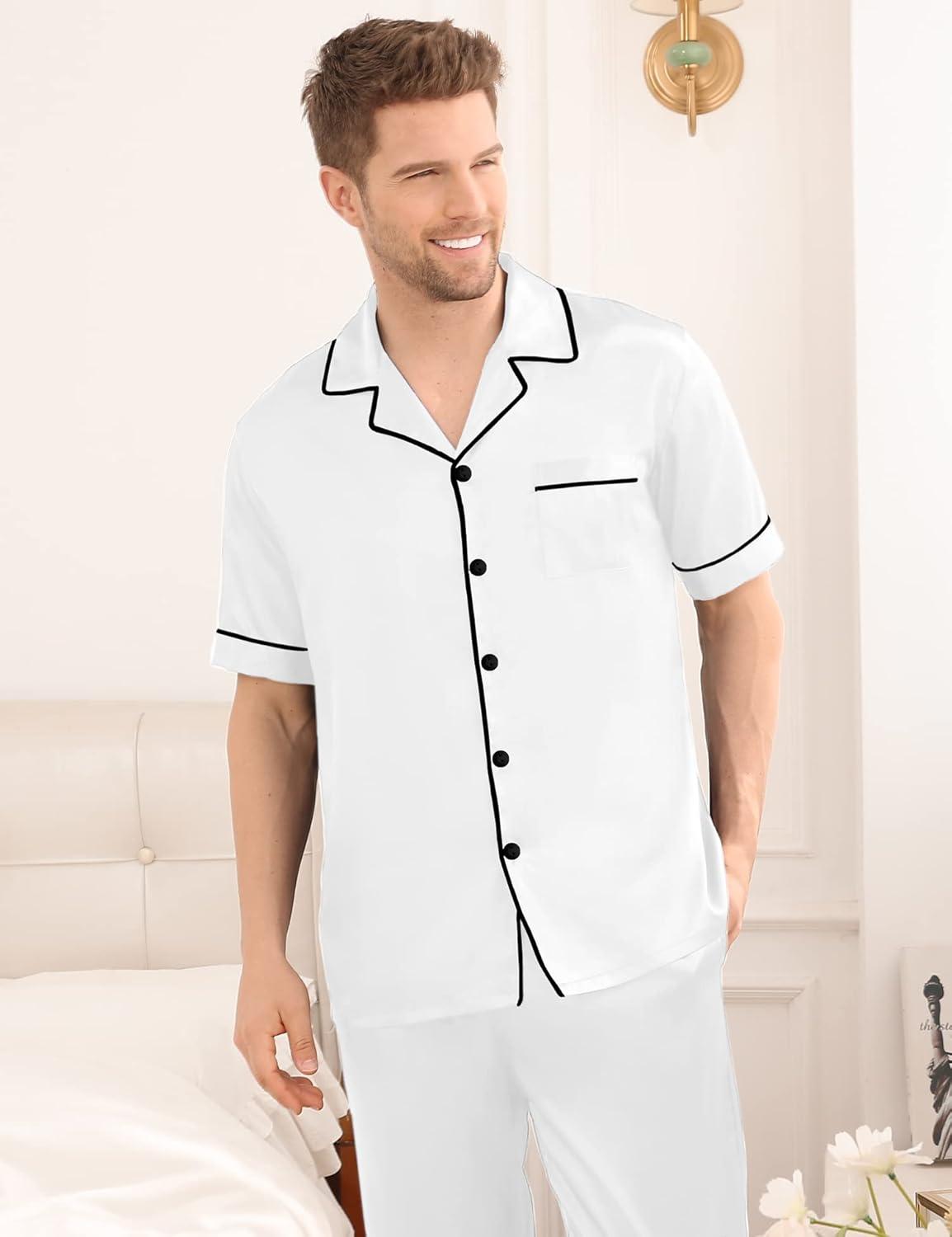 imageSWOMOG Mens Satin Pajama Set Short Sleeve Classic Sleepwear Button Down Silky Loungewear with Long PantsWhite