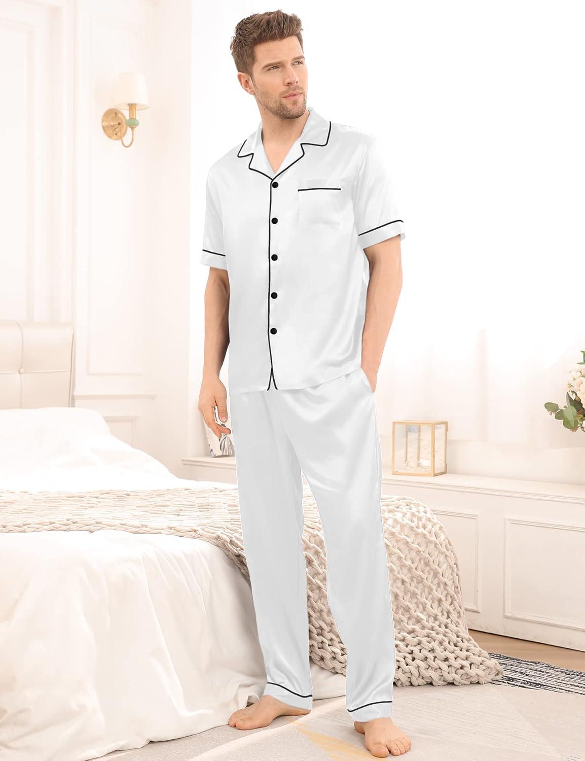 imageSWOMOG Mens Satin Pajama Set Short Sleeve Classic Sleepwear Button Down Silky Loungewear with Long PantsWhite