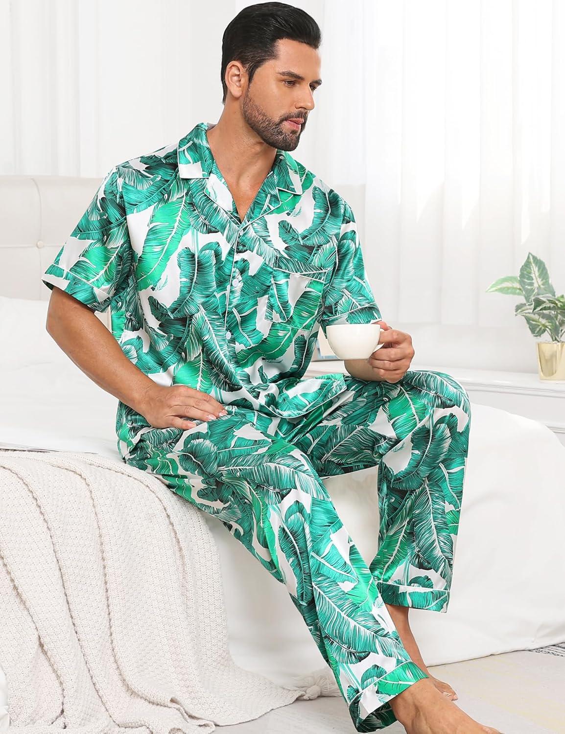 imageSWOMOG Mens Satin Pajama Set Short Sleeve Classic Sleepwear Button Down Silky Loungewear with Long PantsWhite Leaves
