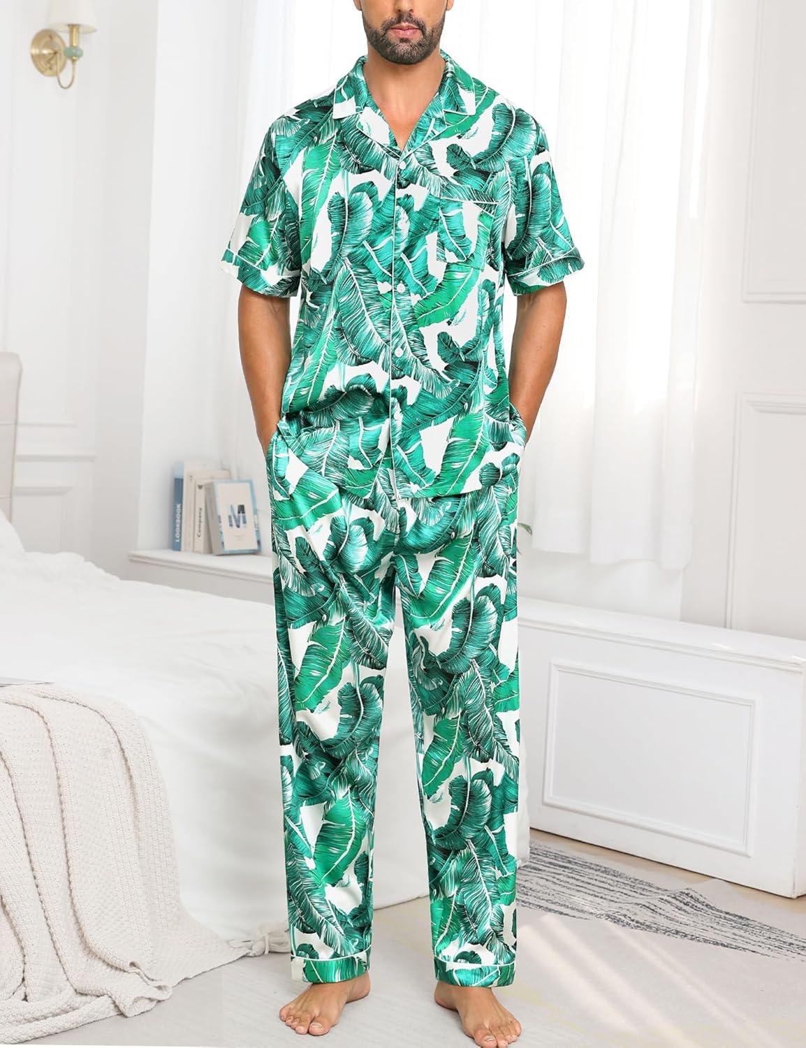 imageSWOMOG Mens Satin Pajama Set Short Sleeve Classic Sleepwear Button Down Silky Loungewear with Long PantsWhite Leaves