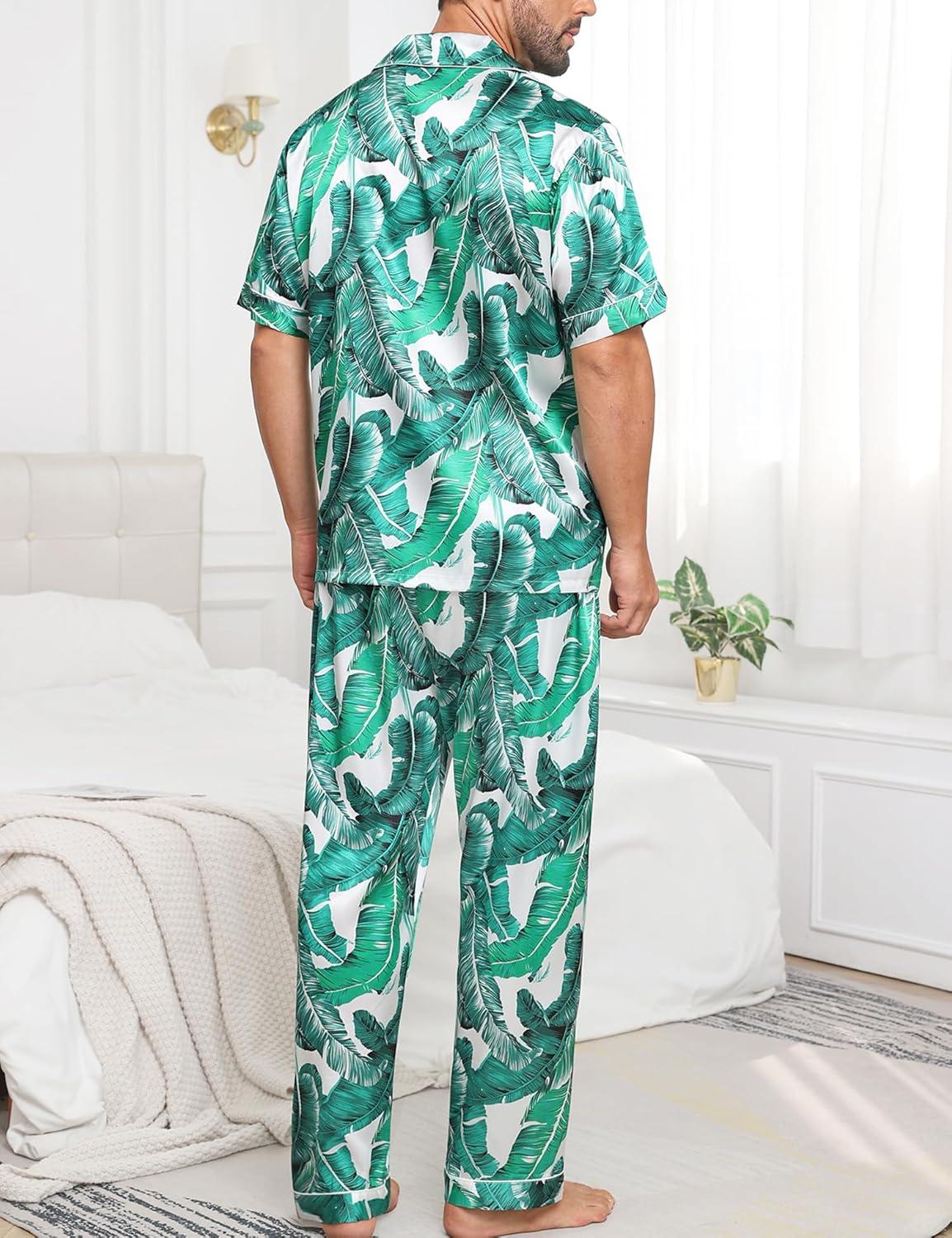 imageSWOMOG Mens Satin Pajama Set Short Sleeve Classic Sleepwear Button Down Silky Loungewear with Long PantsWhite Leaves