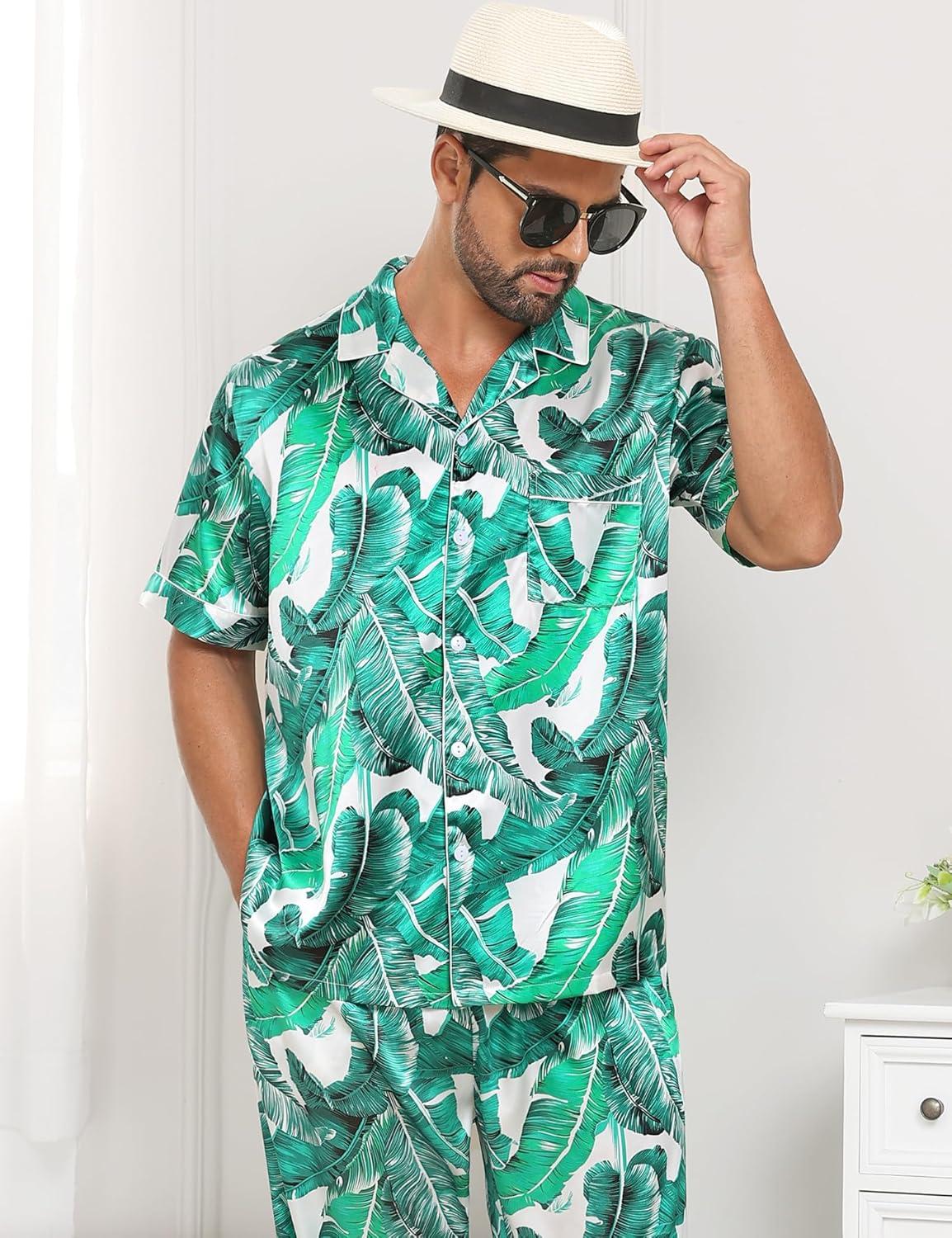 imageSWOMOG Mens Satin Pajama Set Short Sleeve Classic Sleepwear Button Down Silky Loungewear with Long PantsWhite Leaves