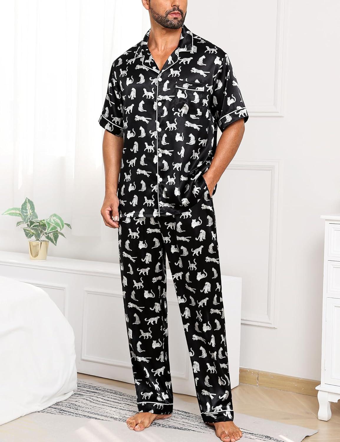 imageSWOMOG Mens Satin Pajama Set Short Sleeve Classic Sleepwear Button Down Silky Loungewear with Long PantsWhite Leopard Print