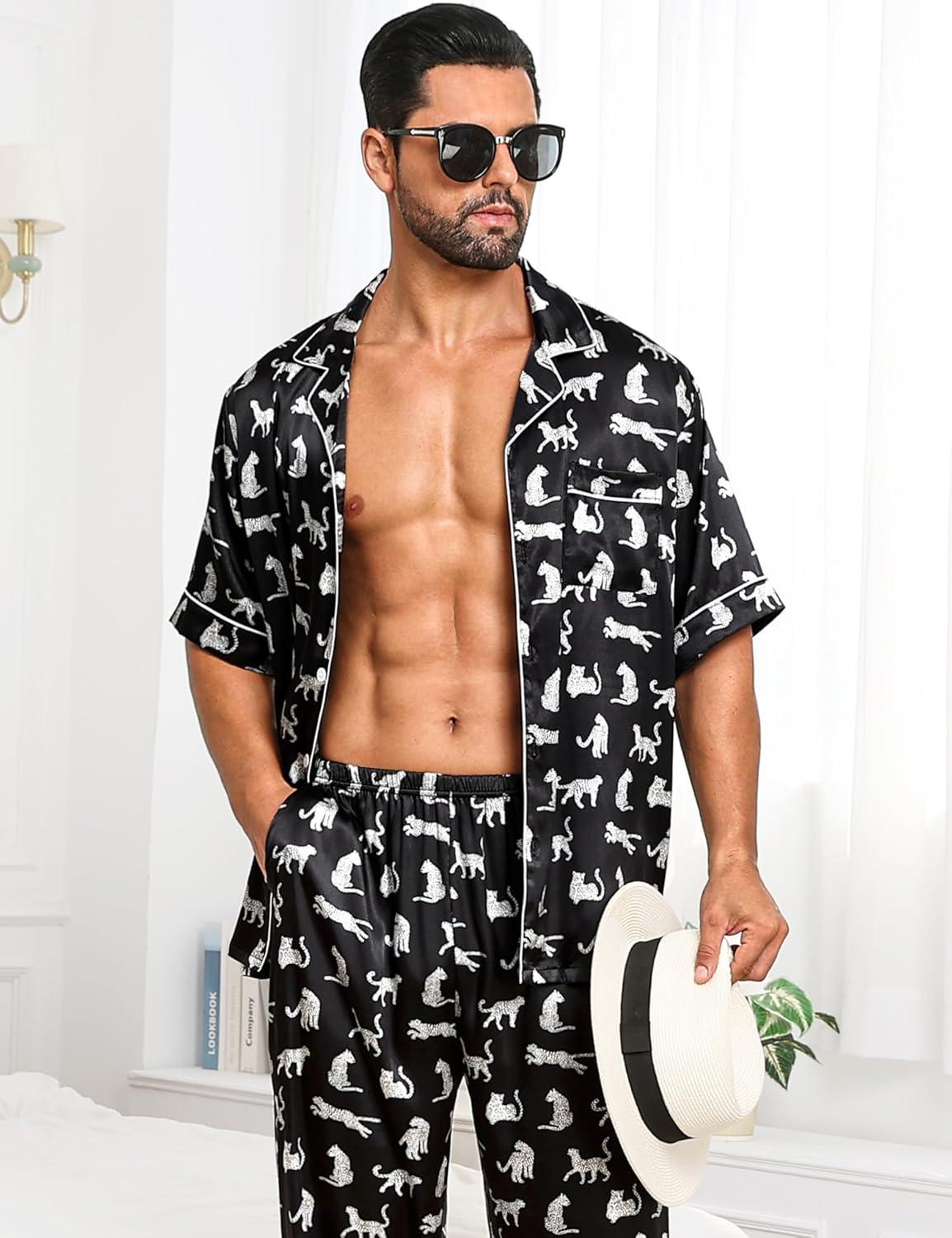imageSWOMOG Mens Satin Pajama Set Short Sleeve Classic Sleepwear Button Down Silky Loungewear with Long PantsWhite Leopard Print