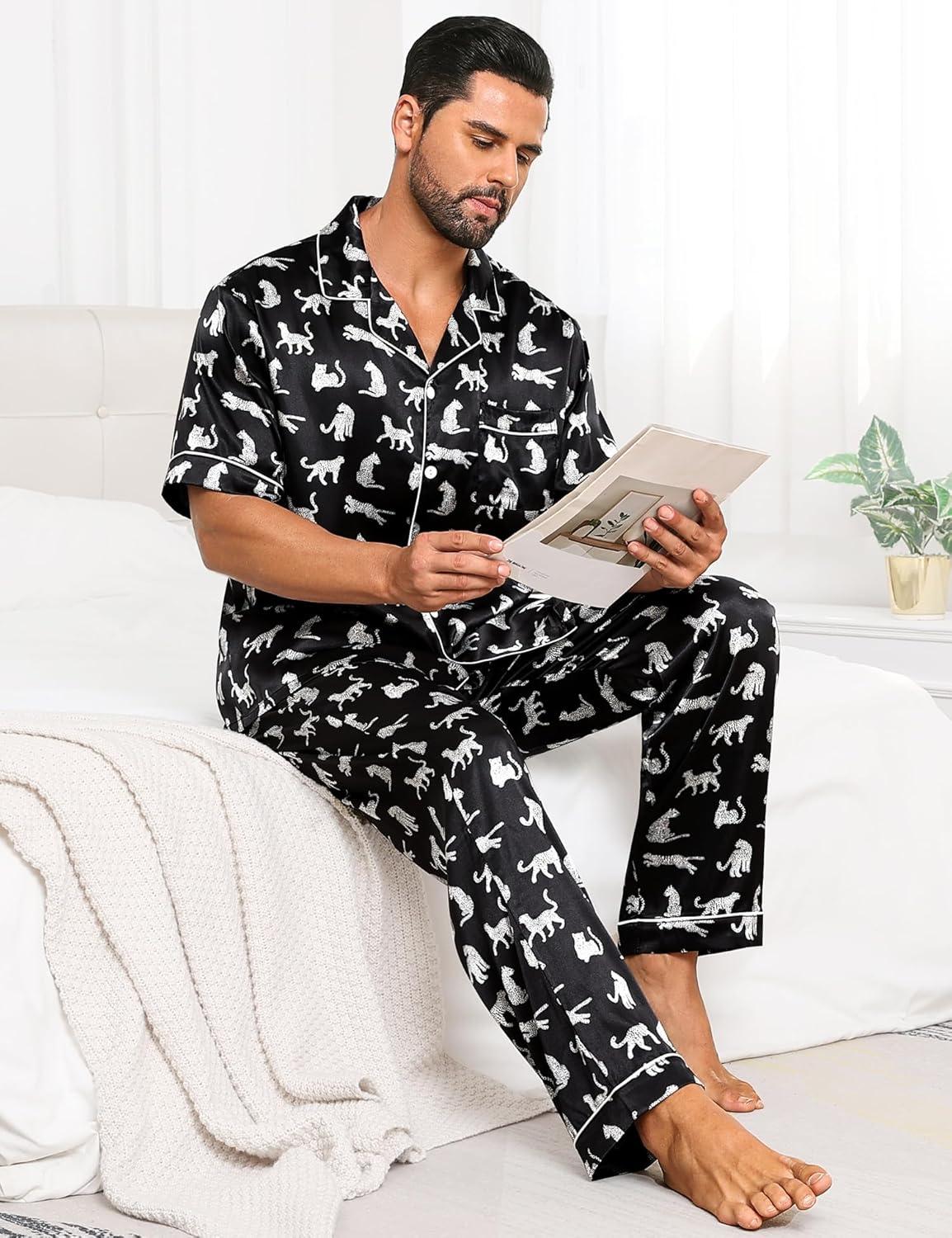 imageSWOMOG Mens Satin Pajama Set Short Sleeve Classic Sleepwear Button Down Silky Loungewear with Long PantsWhite Leopard Print