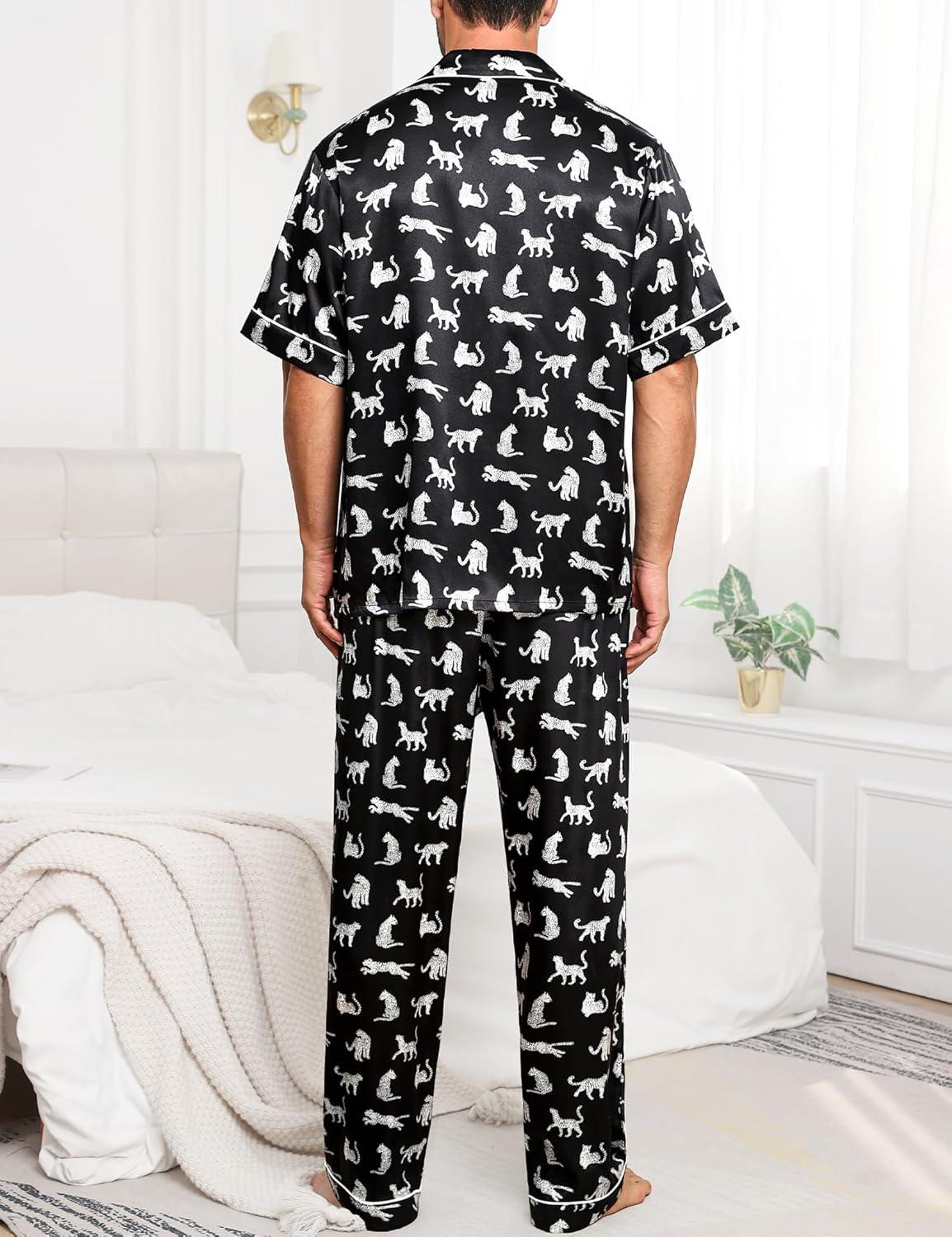 imageSWOMOG Mens Satin Pajama Set Short Sleeve Classic Sleepwear Button Down Silky Loungewear with Long PantsWhite Leopard Print