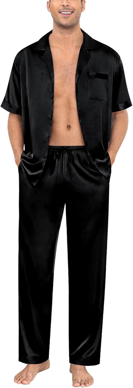 imageSWOMOG Mens Satin Pajama Set Short Sleeve Classic Sleepwear Button Down Silky Loungewear with Long PantsZ Solid Black With Drawstrings