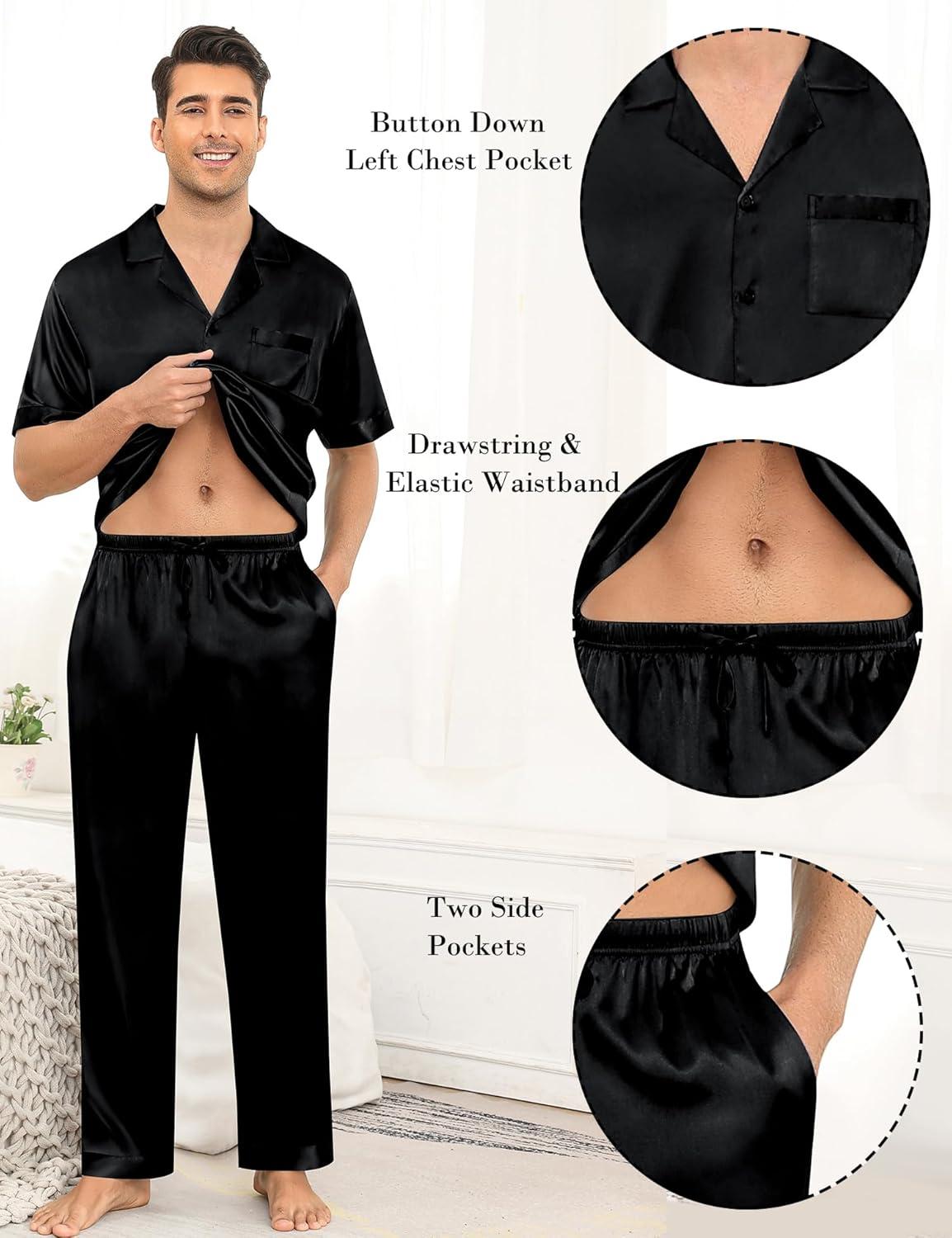 imageSWOMOG Mens Satin Pajama Set Short Sleeve Classic Sleepwear Button Down Silky Loungewear with Long PantsZ Solid Black With Drawstrings
