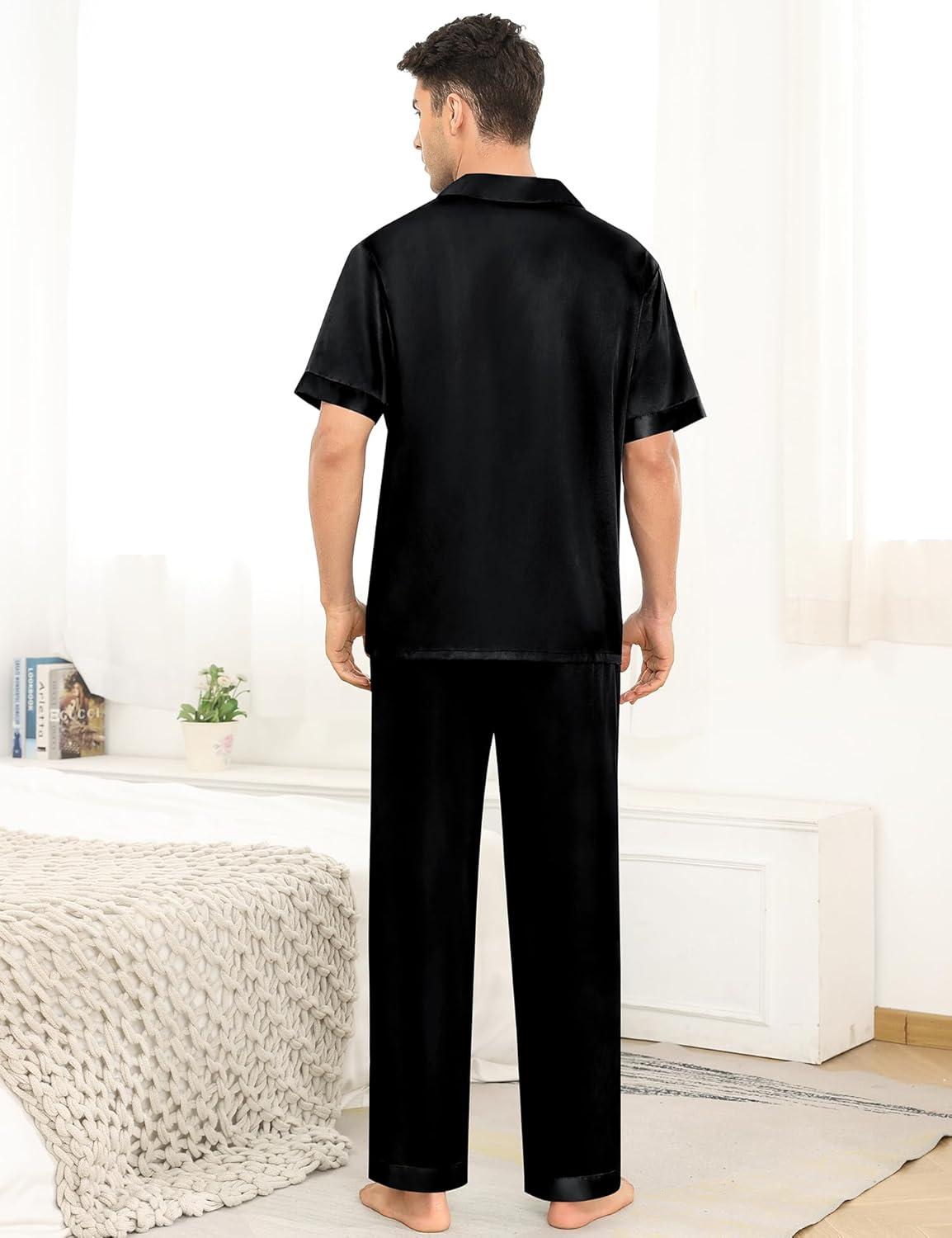 imageSWOMOG Mens Satin Pajama Set Short Sleeve Classic Sleepwear Button Down Silky Loungewear with Long PantsZ Solid Black With Drawstrings