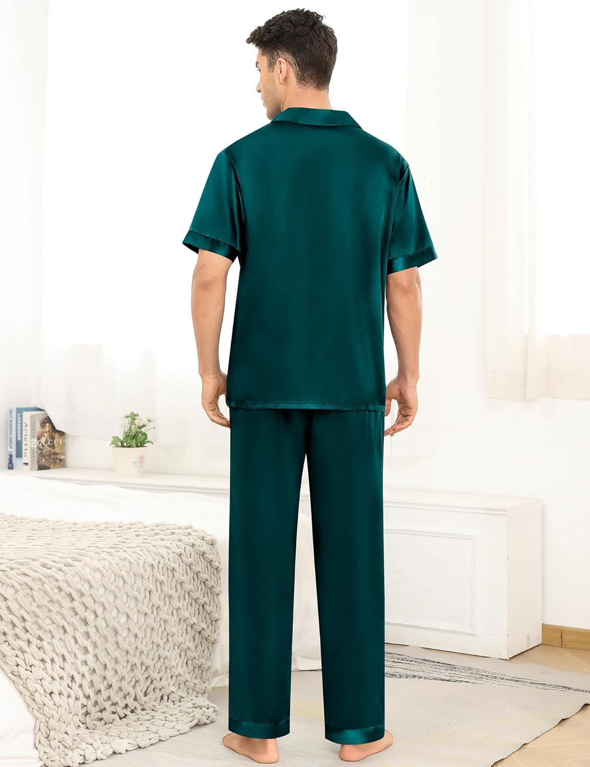 imageSWOMOG Mens Satin Pajama Set Short Sleeve Classic Sleepwear Button Down Silky Loungewear with Long PantsZ Solid Deep Green With Drawstrings