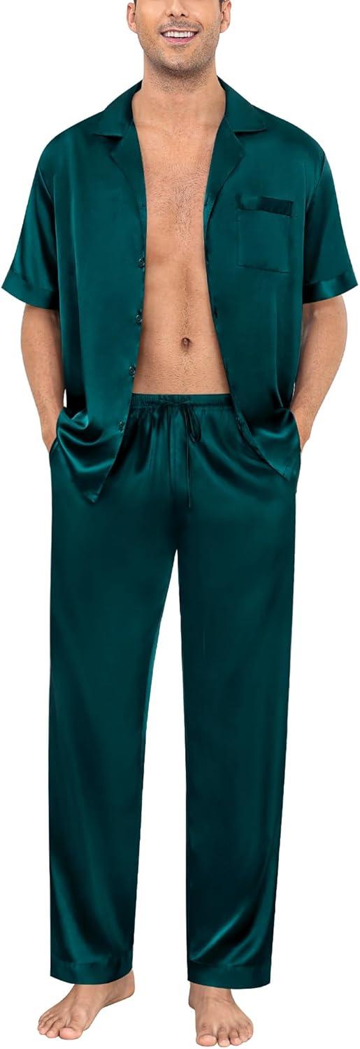 imageSWOMOG Mens Satin Pajama Set Short Sleeve Classic Sleepwear Button Down Silky Loungewear with Long PantsZ Solid Deep Green With Drawstrings