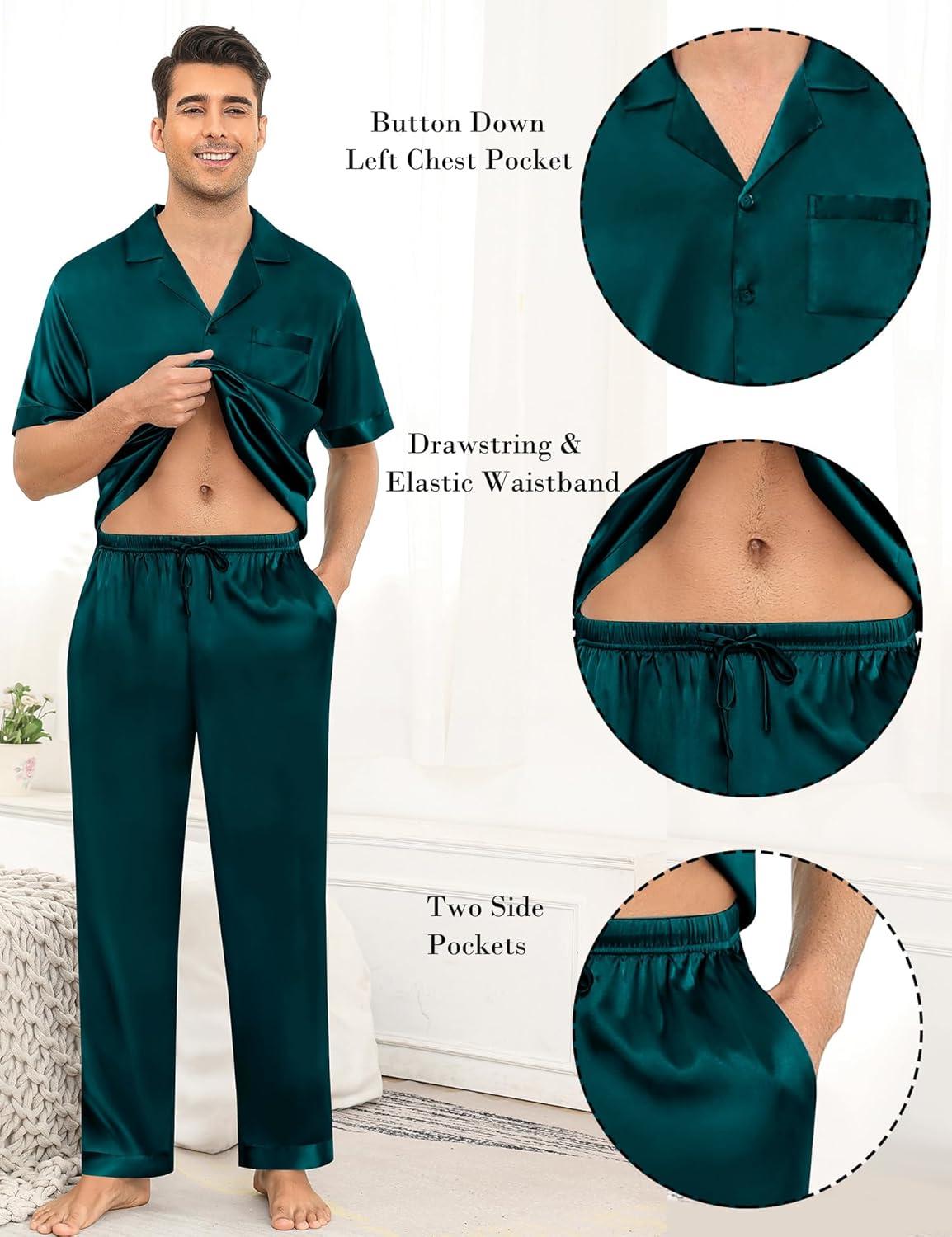 imageSWOMOG Mens Satin Pajama Set Short Sleeve Classic Sleepwear Button Down Silky Loungewear with Long PantsZ Solid Deep Green With Drawstrings