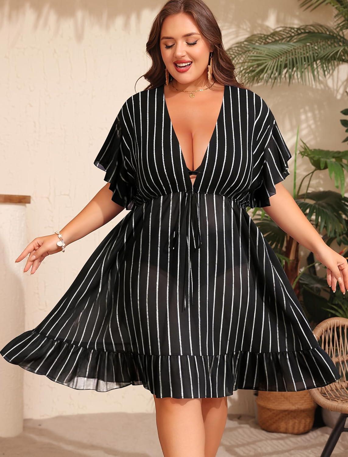 imageSWOMOG Plus Size Women Swimsuit Cover Up V Neck Short Sleeve Beachwear Bikini Bathing Suit Cover Summer Beach DressBlack Stripe