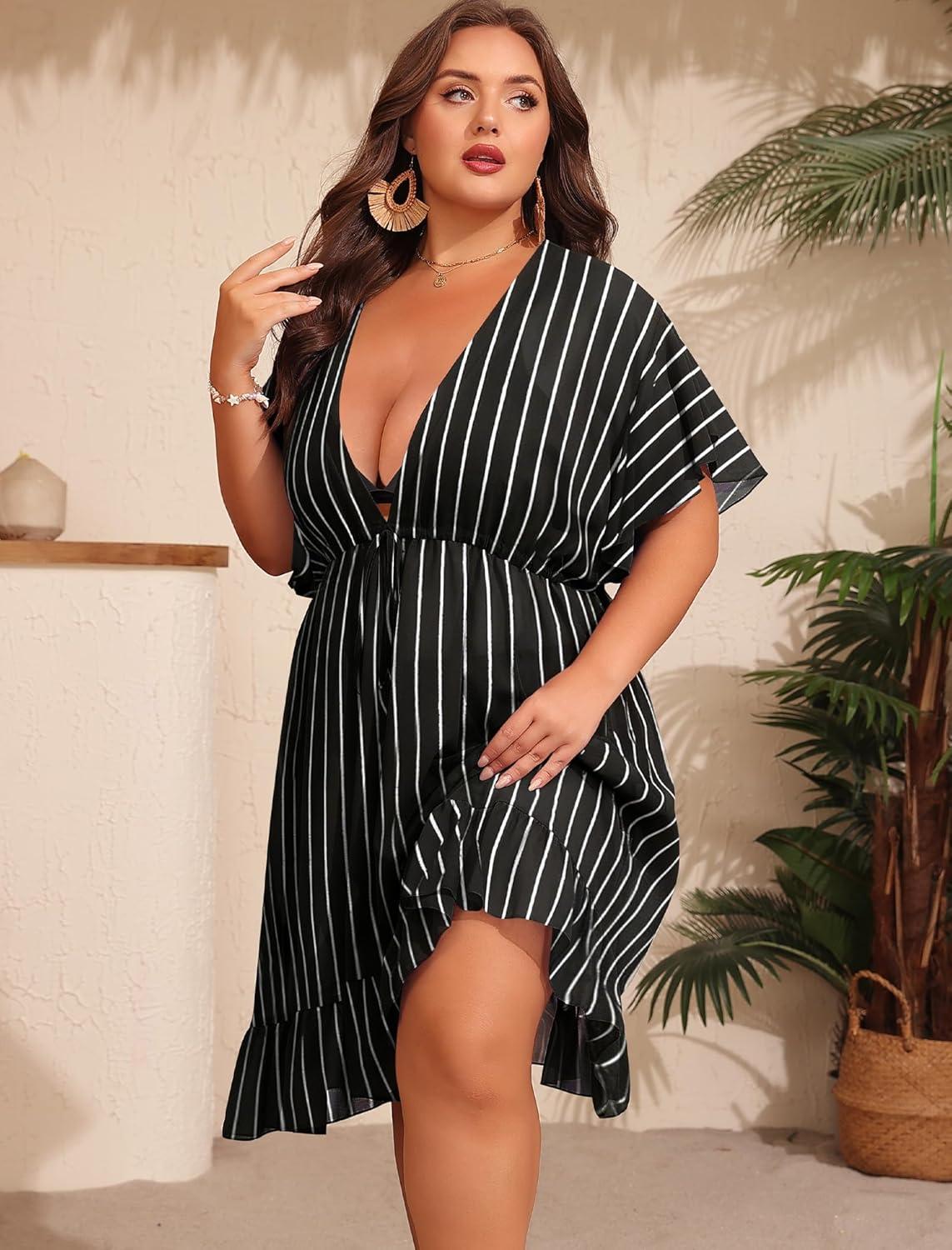 imageSWOMOG Plus Size Women Swimsuit Cover Up V Neck Short Sleeve Beachwear Bikini Bathing Suit Cover Summer Beach DressBlack Stripe