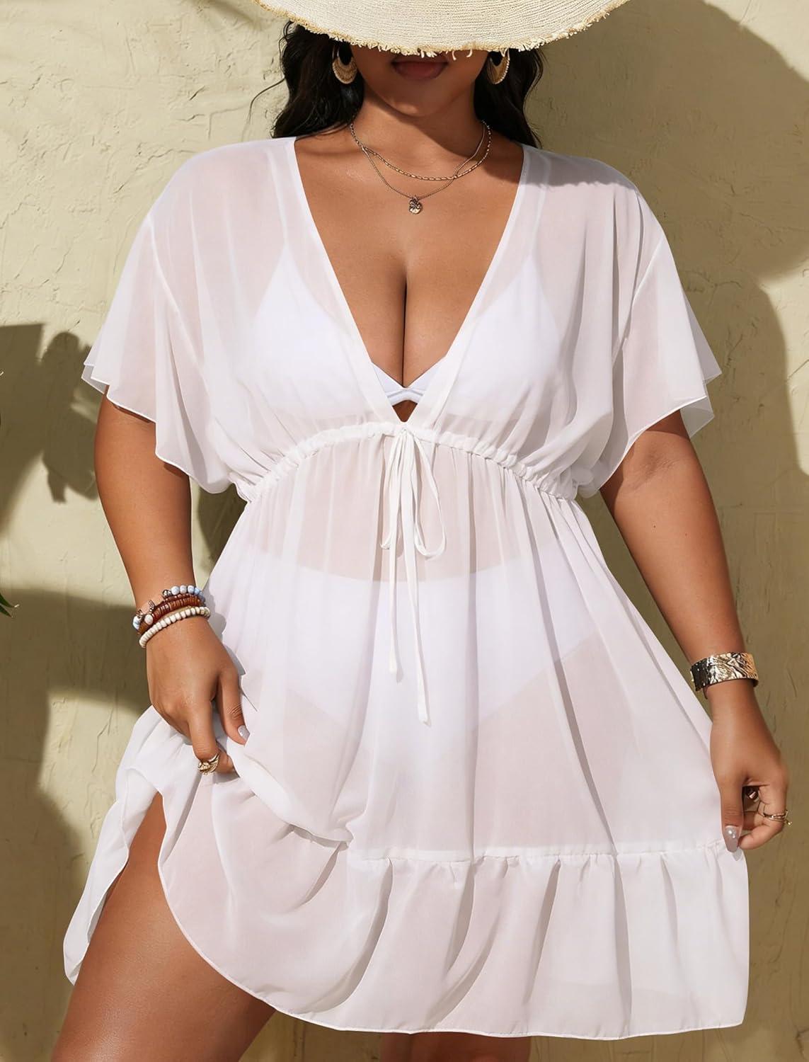 imageSWOMOG Plus Size Women Swimsuit Cover Up V Neck Short Sleeve Beachwear Bikini Bathing Suit Cover Summer Beach DressWhite