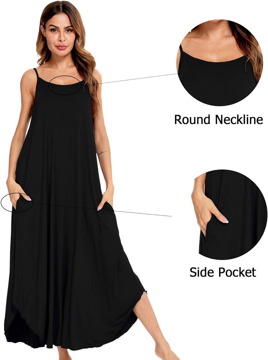 imageSWOMOG Women Long Nightgown Pajama Dress Soft Strap Nightdress Summer Sleeveless Nightshirt Lounge Dress with PocketsBlack