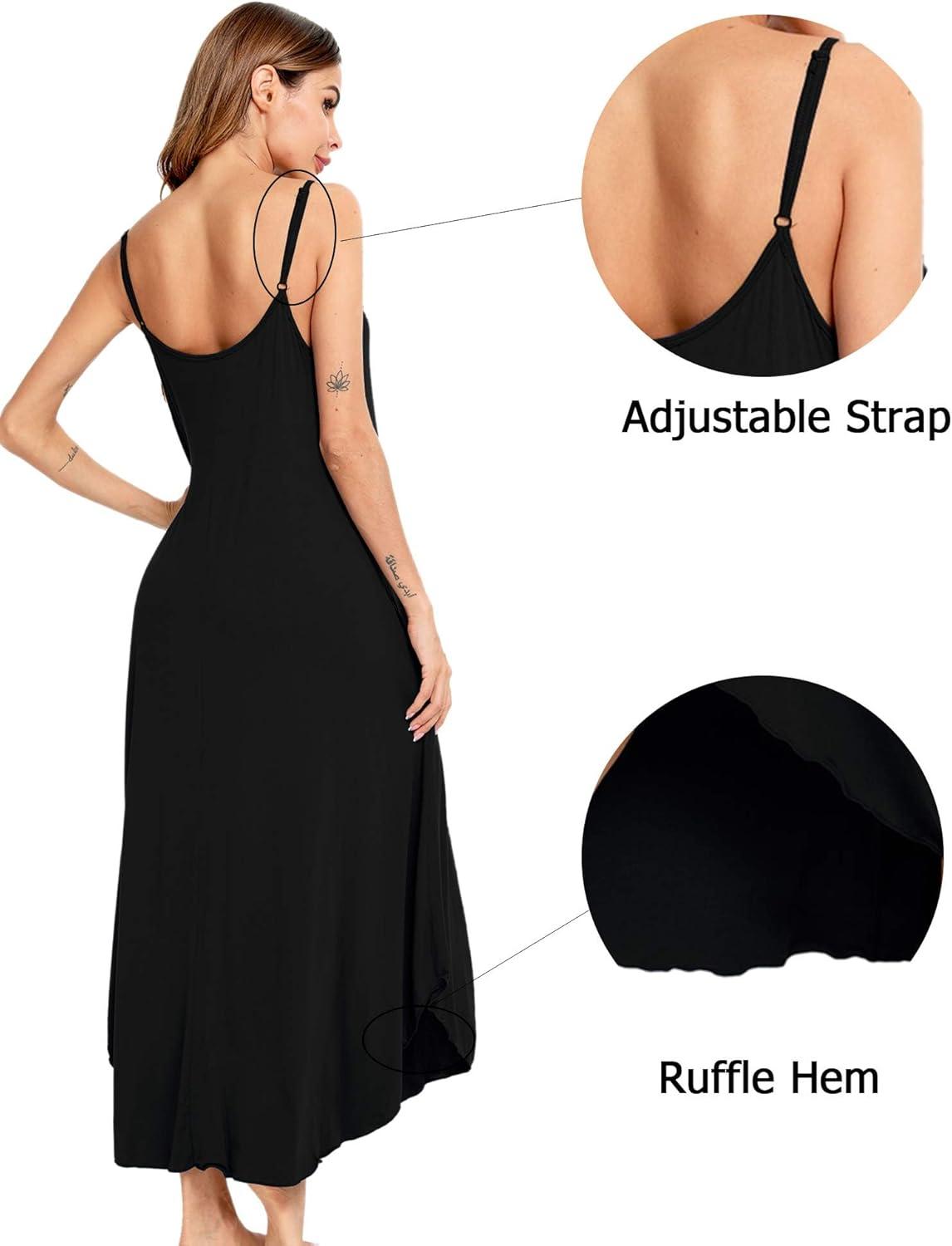 imageSWOMOG Women Long Nightgown Pajama Dress Soft Strap Nightdress Summer Sleeveless Nightshirt Lounge Dress with PocketsBlack