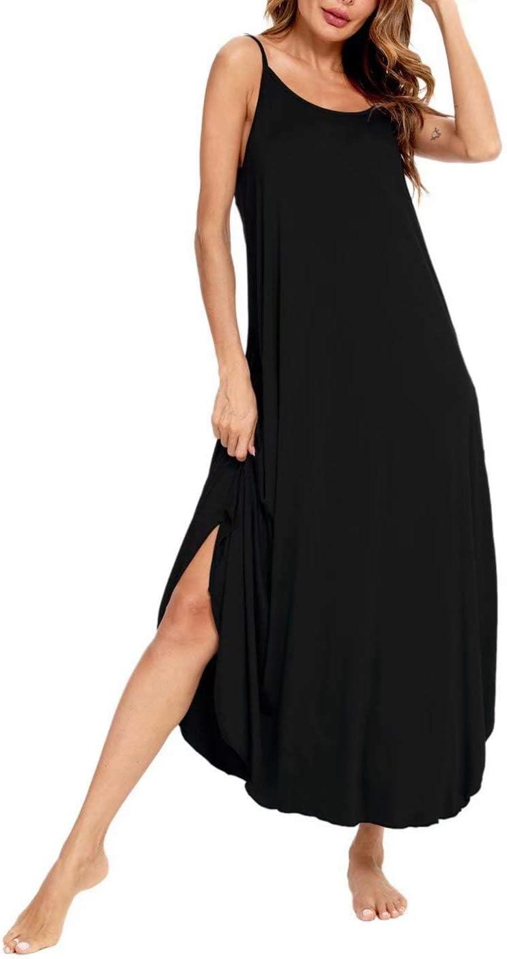 imageSWOMOG Women Long Nightgown Pajama Dress Soft Strap Nightdress Summer Sleeveless Nightshirt Lounge Dress with PocketsBlack